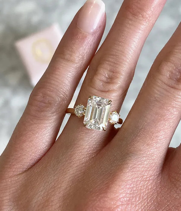 Floating Cathedral Three Stone Hidden Halo Engagement Ring