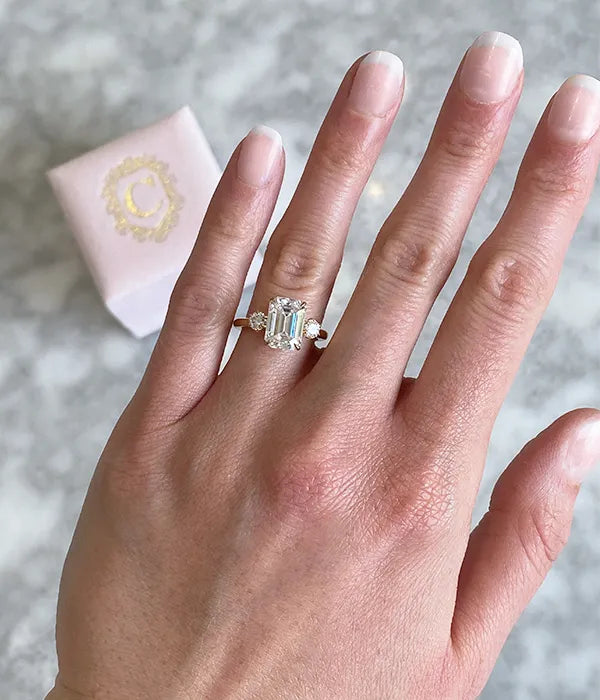 Floating Cathedral Three Stone Hidden Halo Engagement Ring