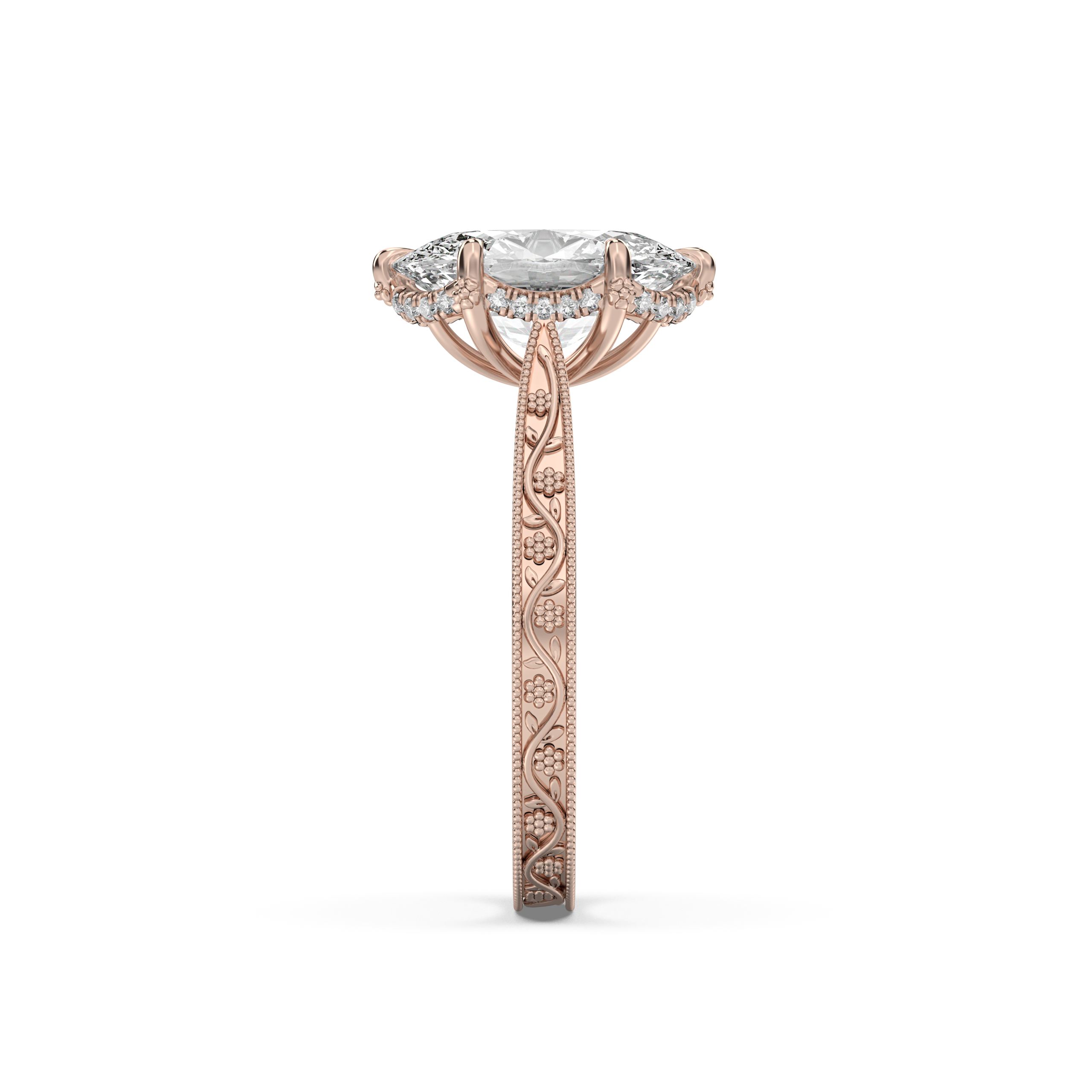 Floral Engraved Hidden Halo Diamond Engagement Ring Setting
