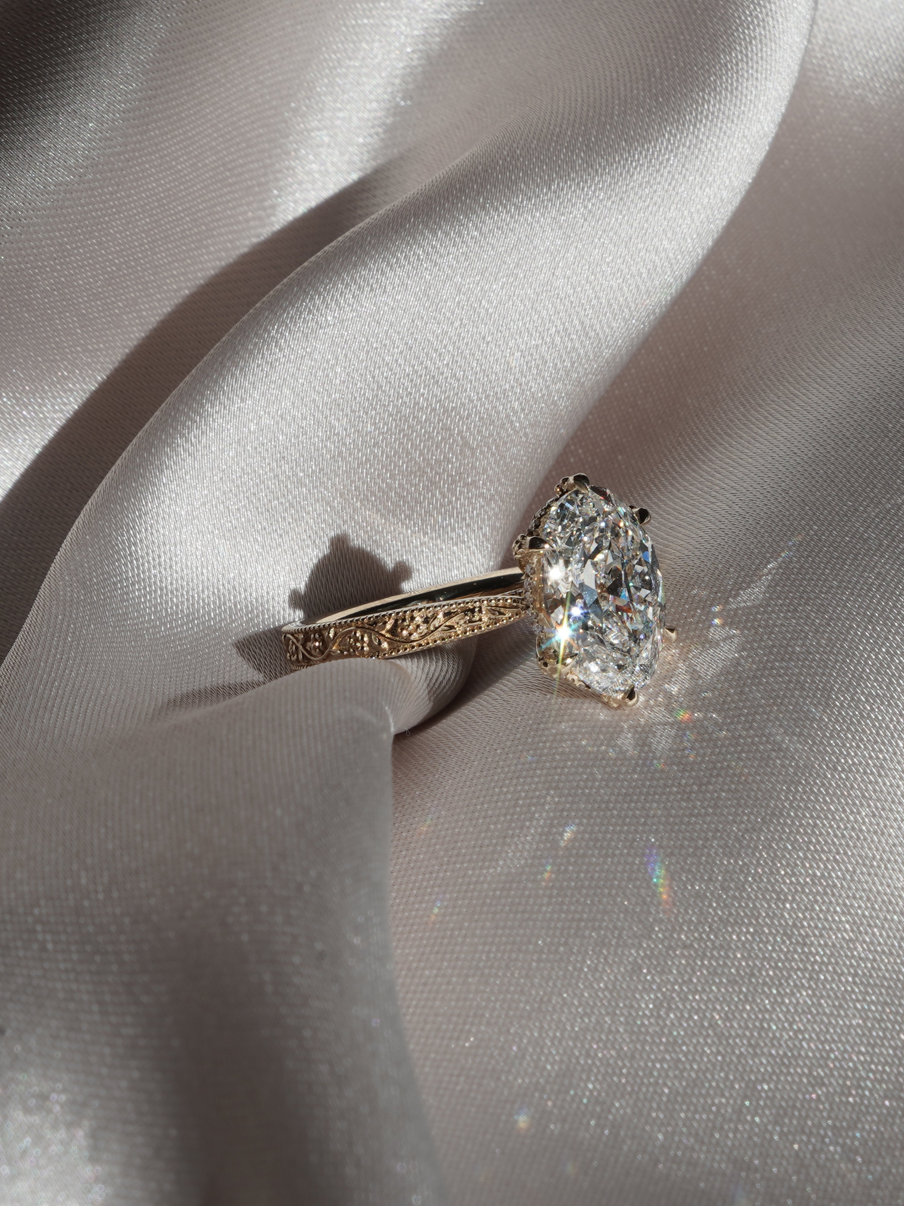 Floral Engraved Hidden Halo Moissanite Engagement Ring