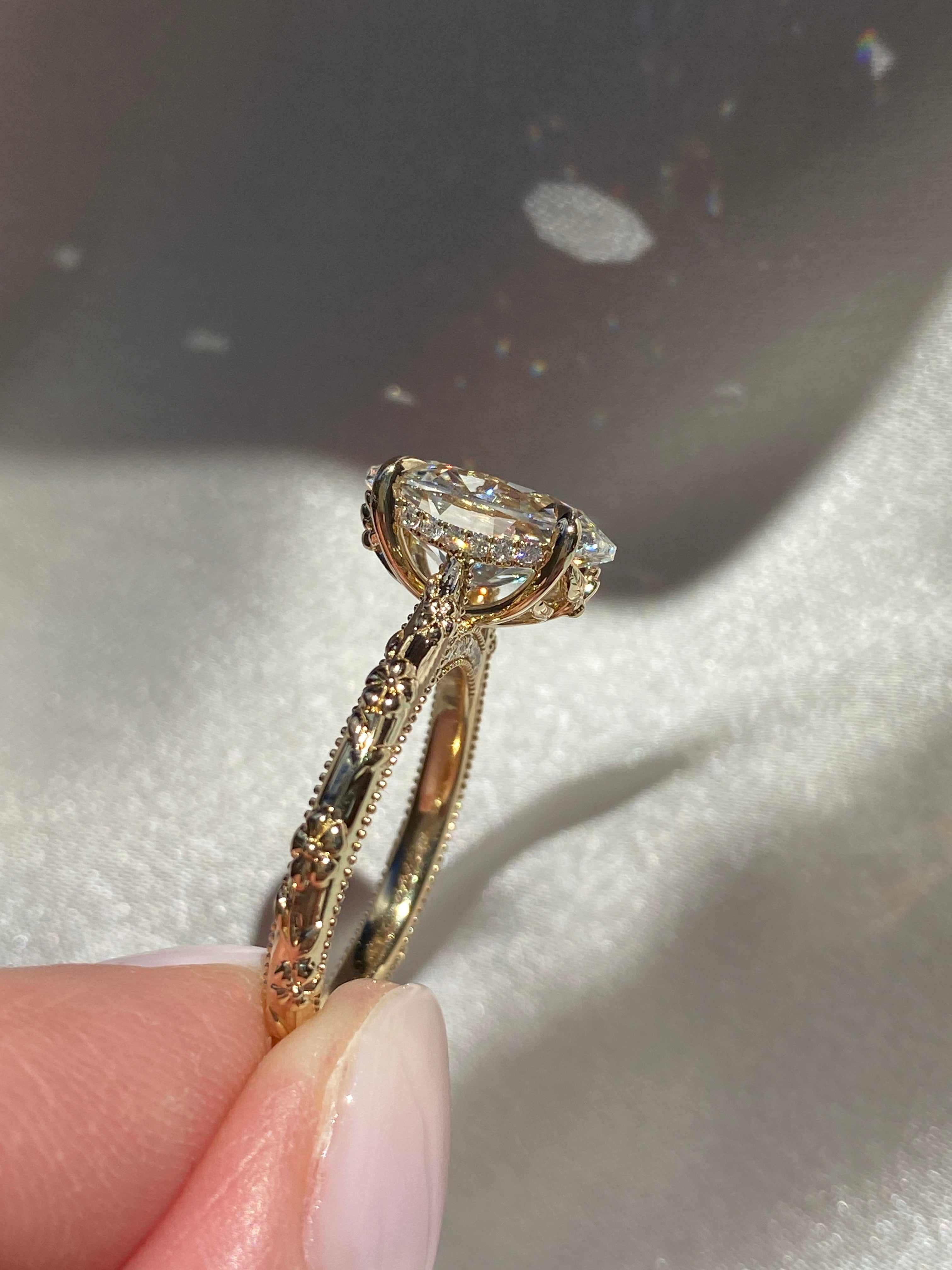 Intricate Floral Hidden Halo Diamond Engagement Ring Setting
