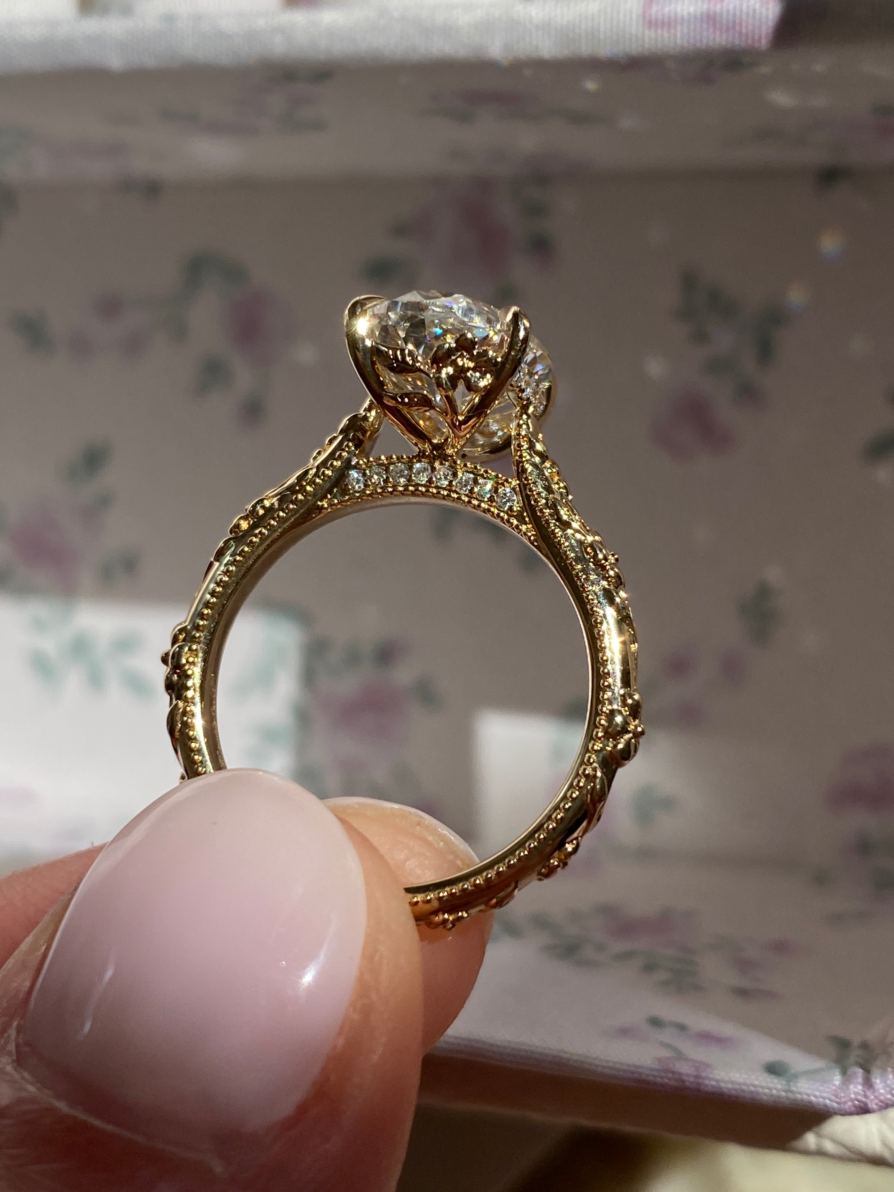 Intricate Floral Hidden Halo Diamond Engagement Ring Setting