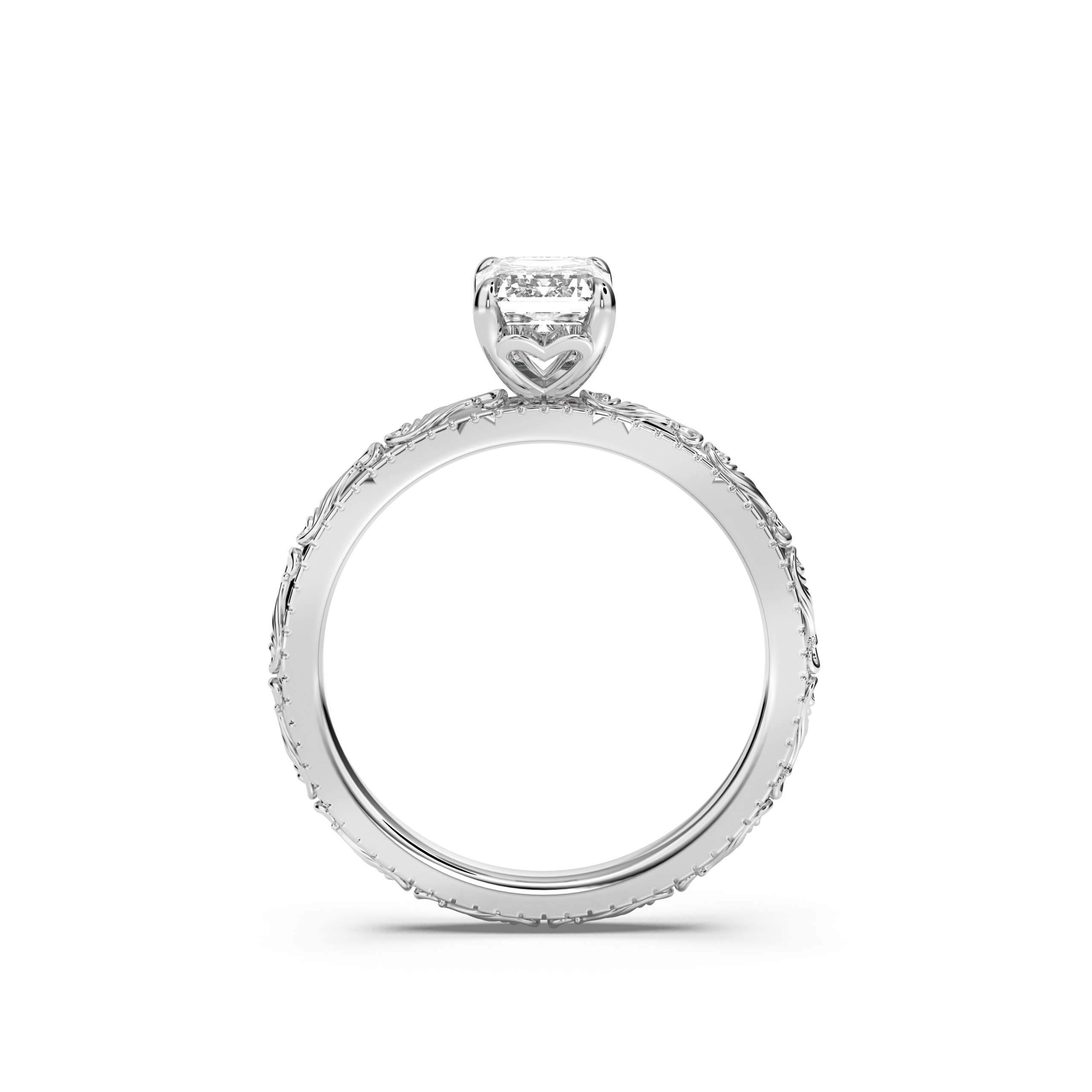 Scroll Engraved Hidden Heart Moissanite Engagement Ring