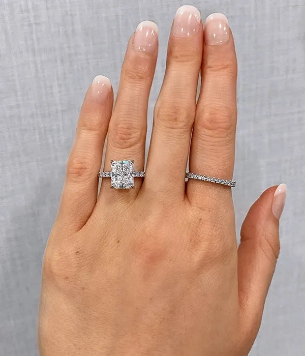 Cathedral Hidden Halo and Pavé Band Diamond Ring