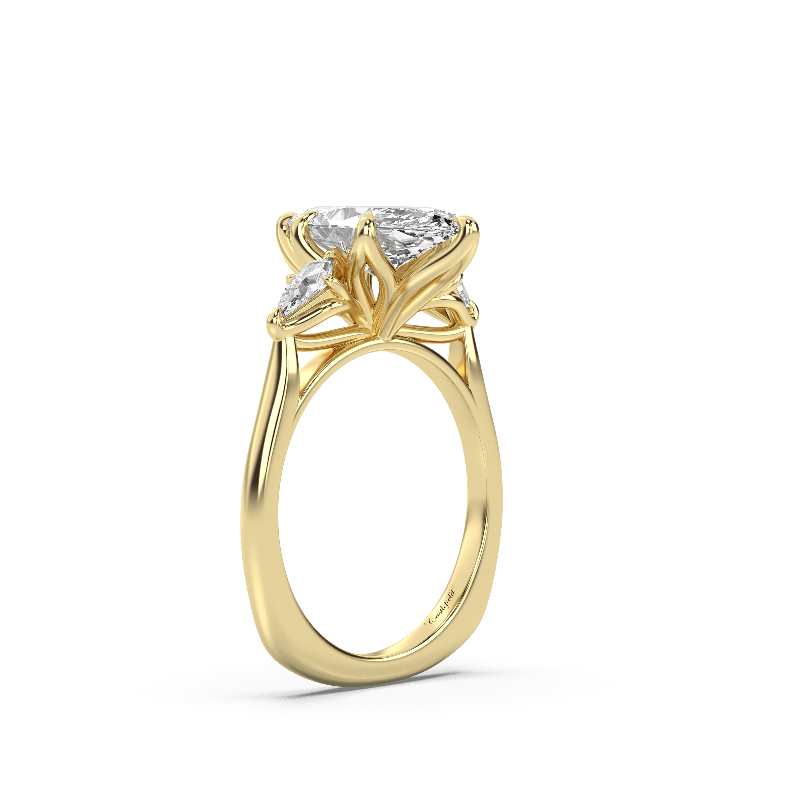 Three Stone Petal Engagement Ring - Kite Side Stones