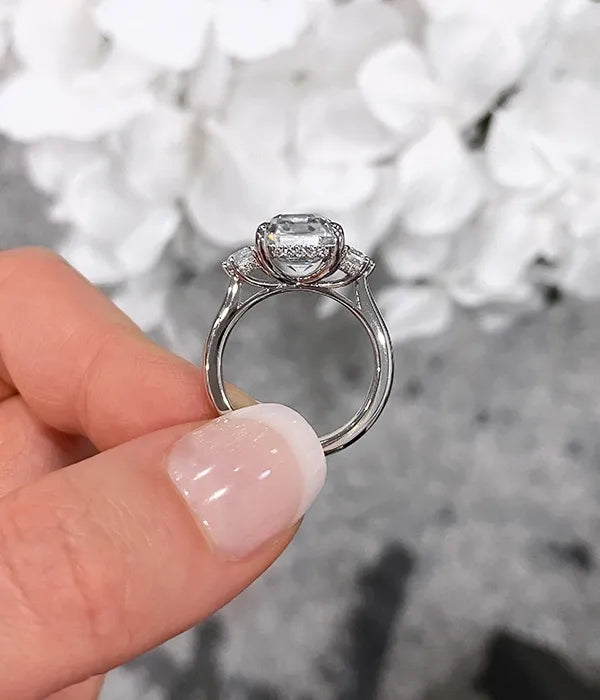 Cathedral Three Stone Hidden Halo Engagement Ring
