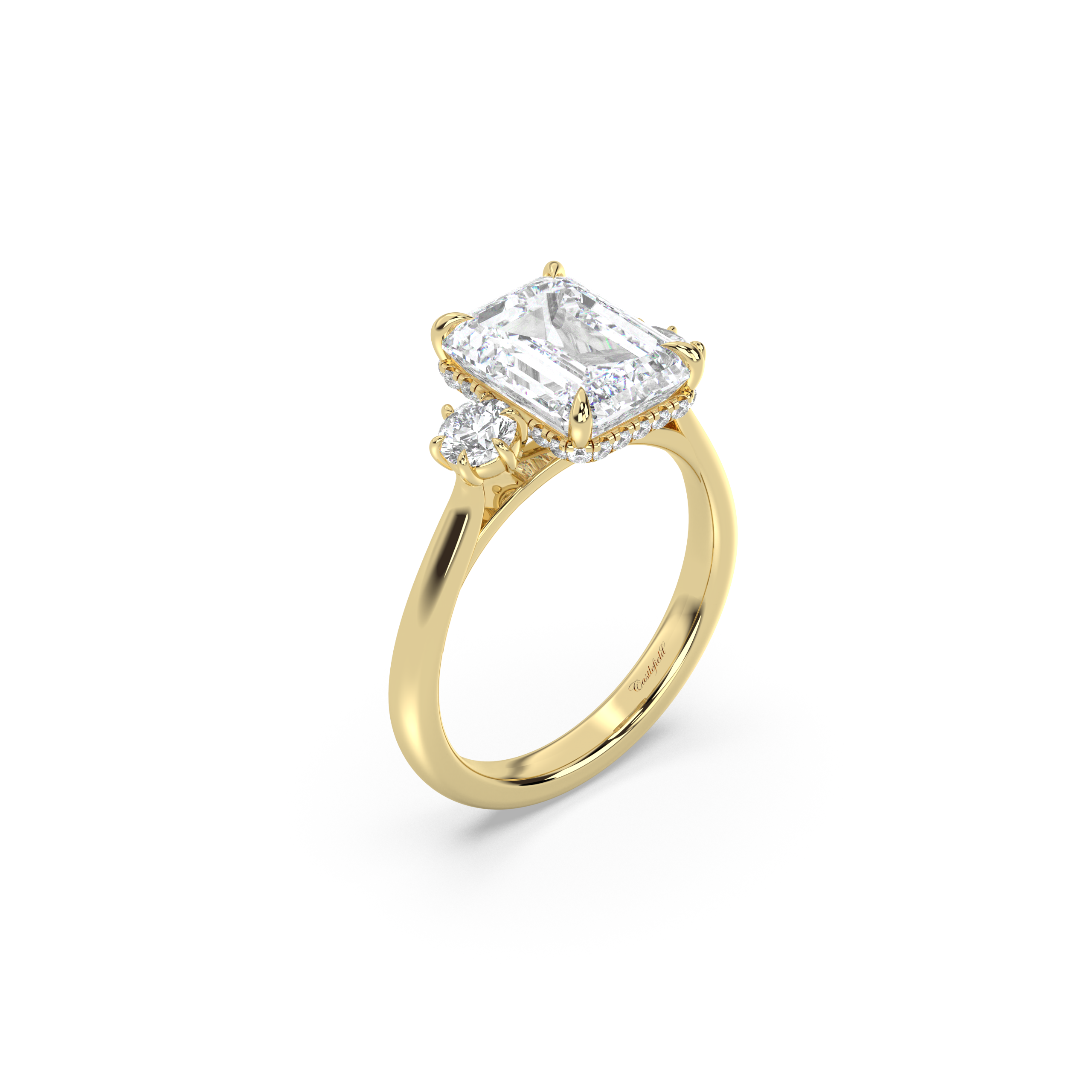 Floating Cathedral Three Stone Hidden Halo Diamond Ring