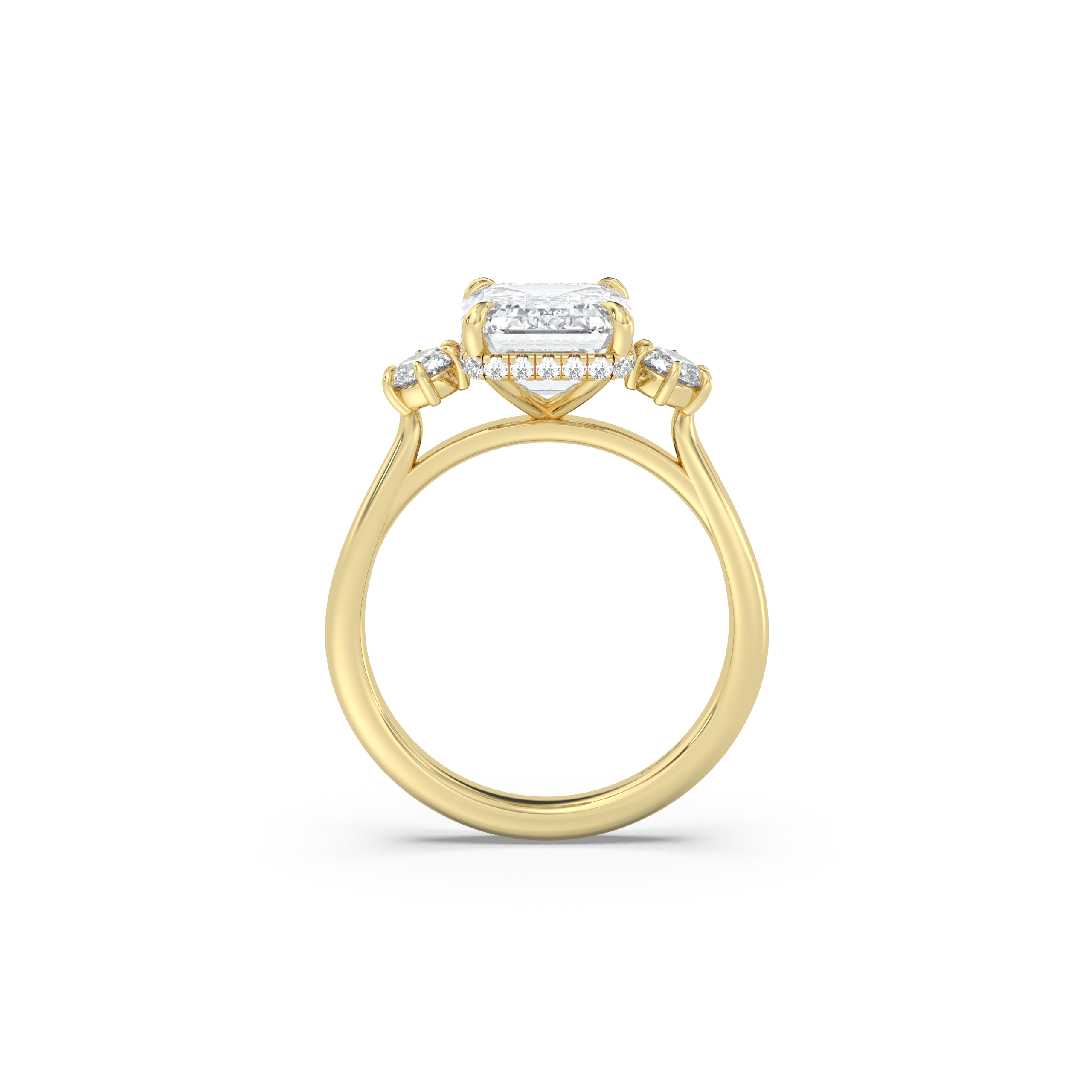 Floating Cathedral Three Stone Hidden Halo Diamond Ring