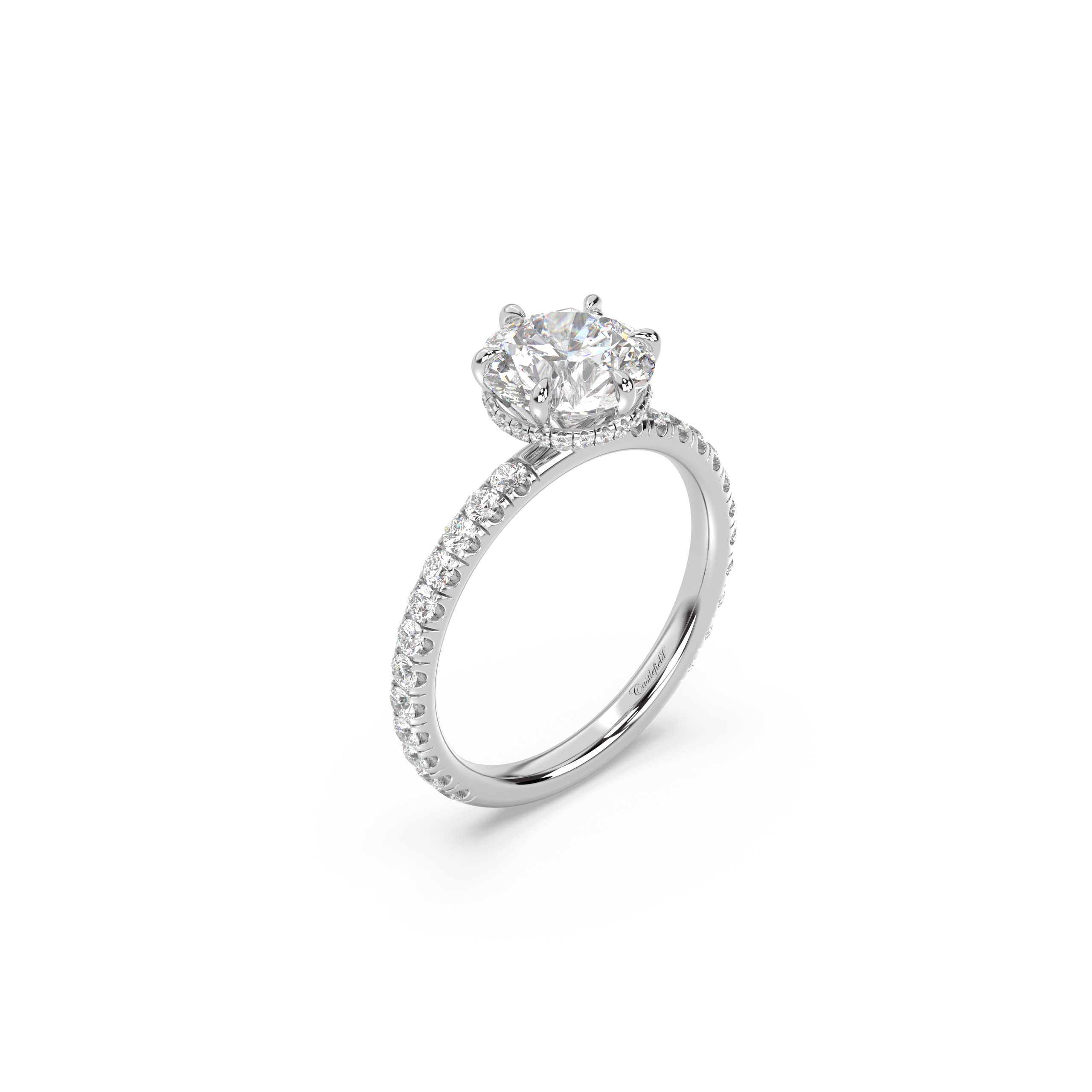 Classic 6 Prong Hidden Wrap and Pavé Band Diamond Ring