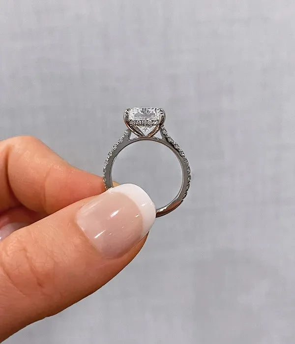 Cathedral Hidden Halo and Pavé Band Diamond Ring