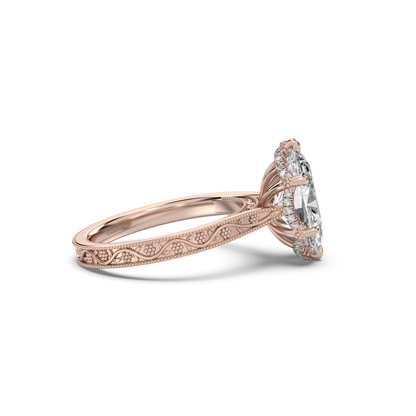 Oval rose gold engagement ring with floral engraved band by castlefield collection