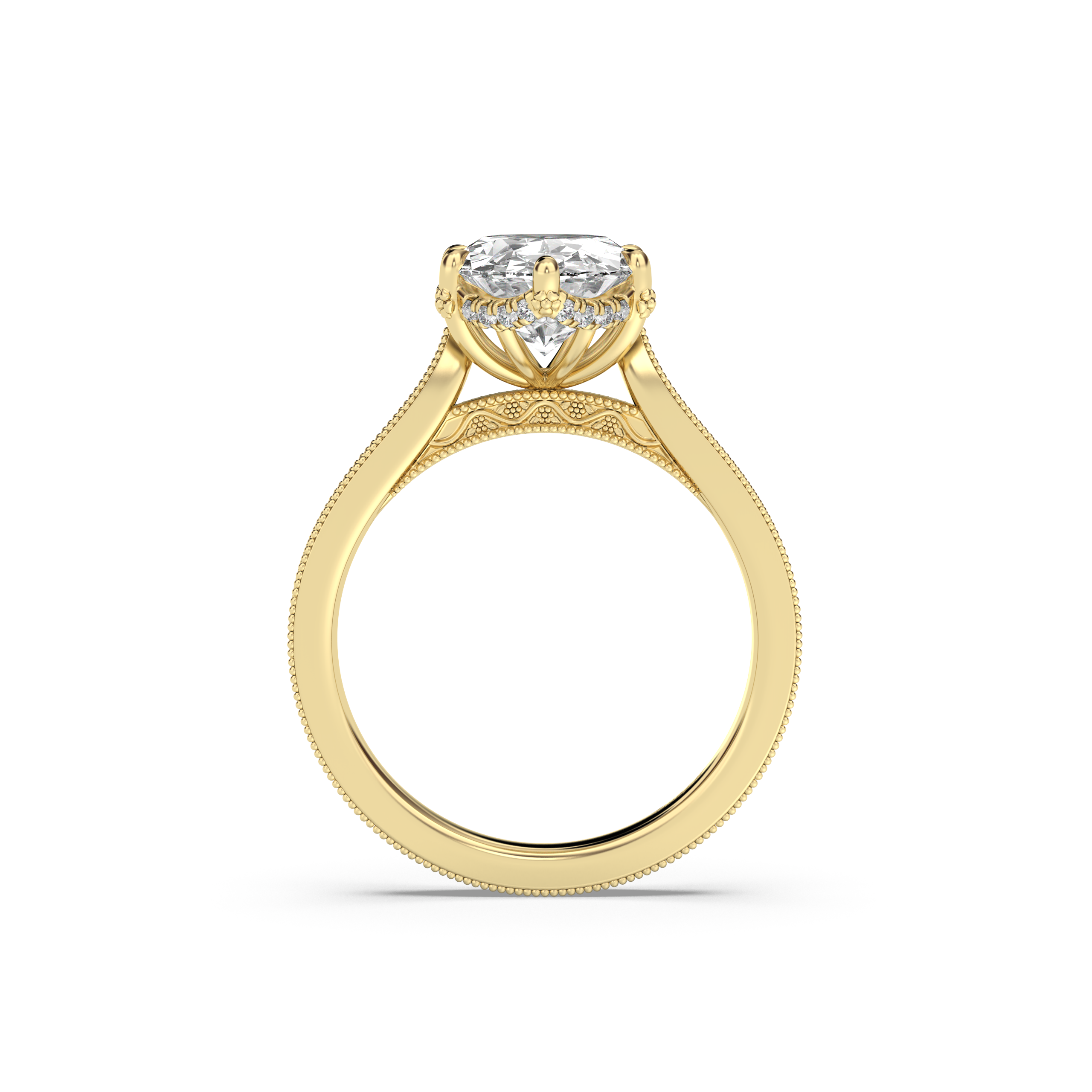 Floral Engraved Hidden Halo Moissanite Engagement Ring