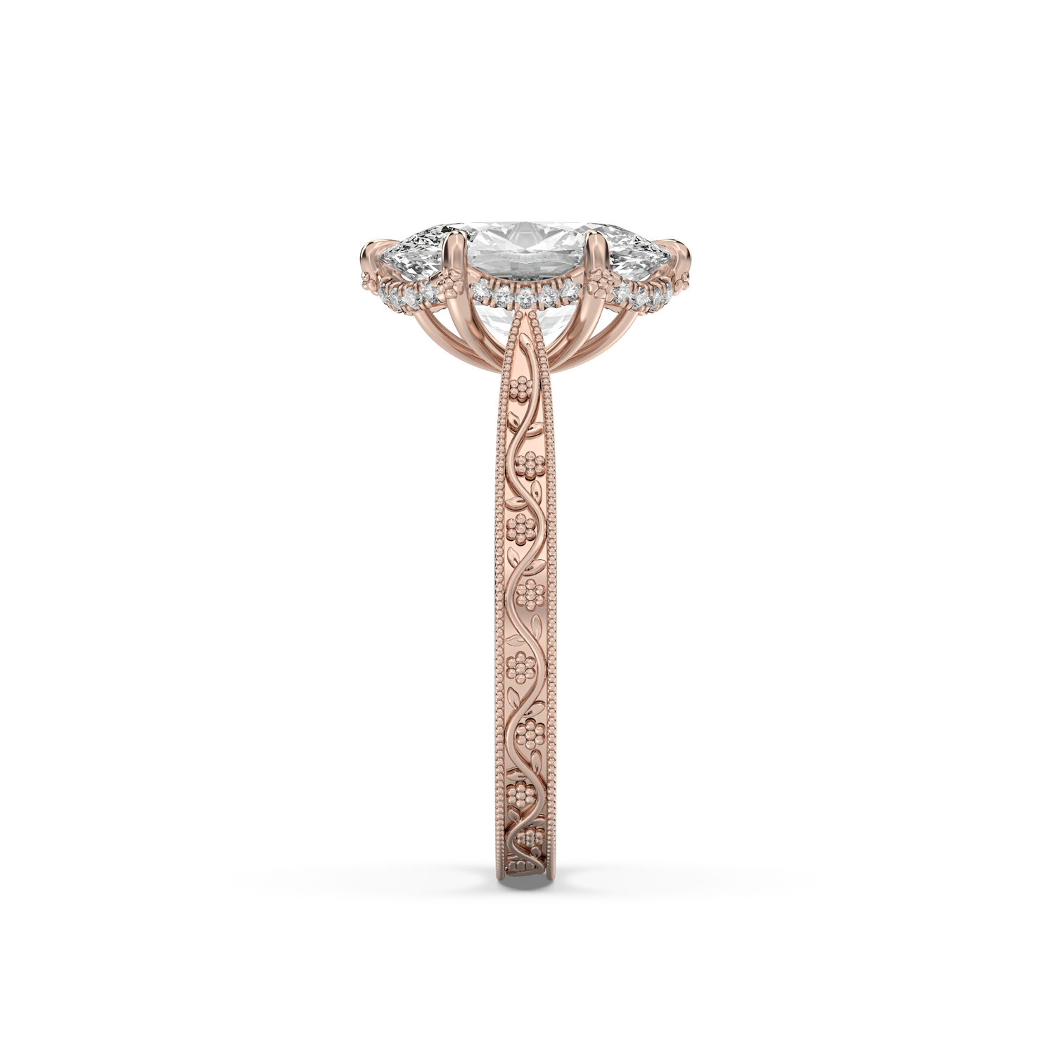 Floral Engraved Hidden Halo Diamond Engagement Ring Setting