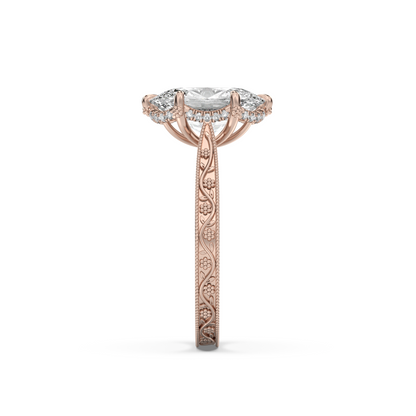 Floral Engraved Hidden Halo Diamond Engagement Ring Setting