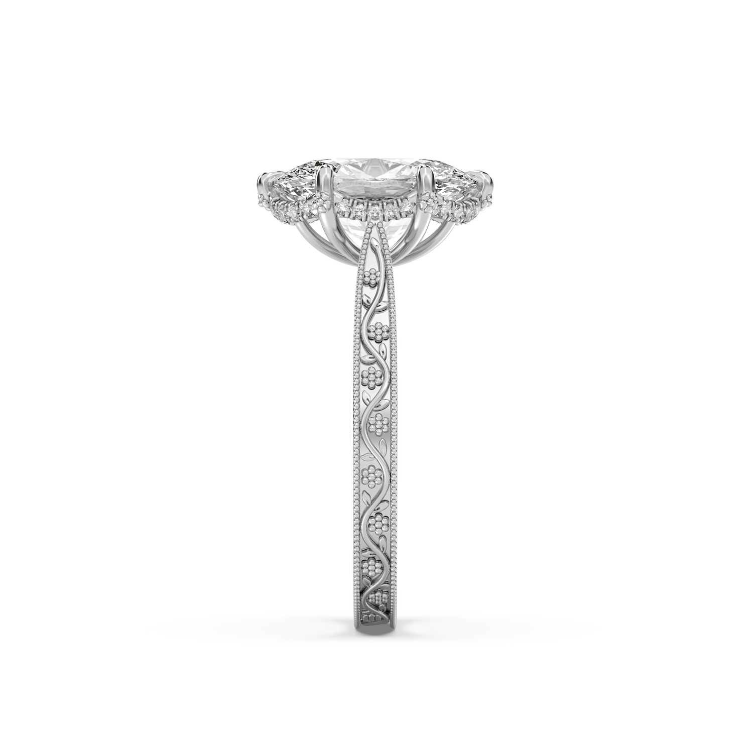 Floral Engraved Hidden Halo Diamond Engagement Ring Setting