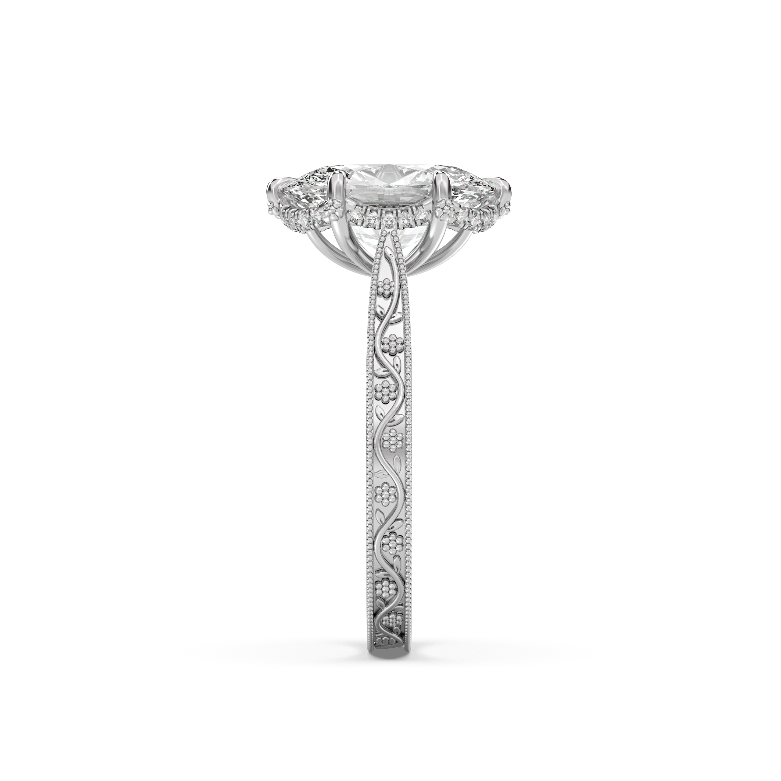 Floral Engraved Hidden Halo Diamond Engagement Ring Setting