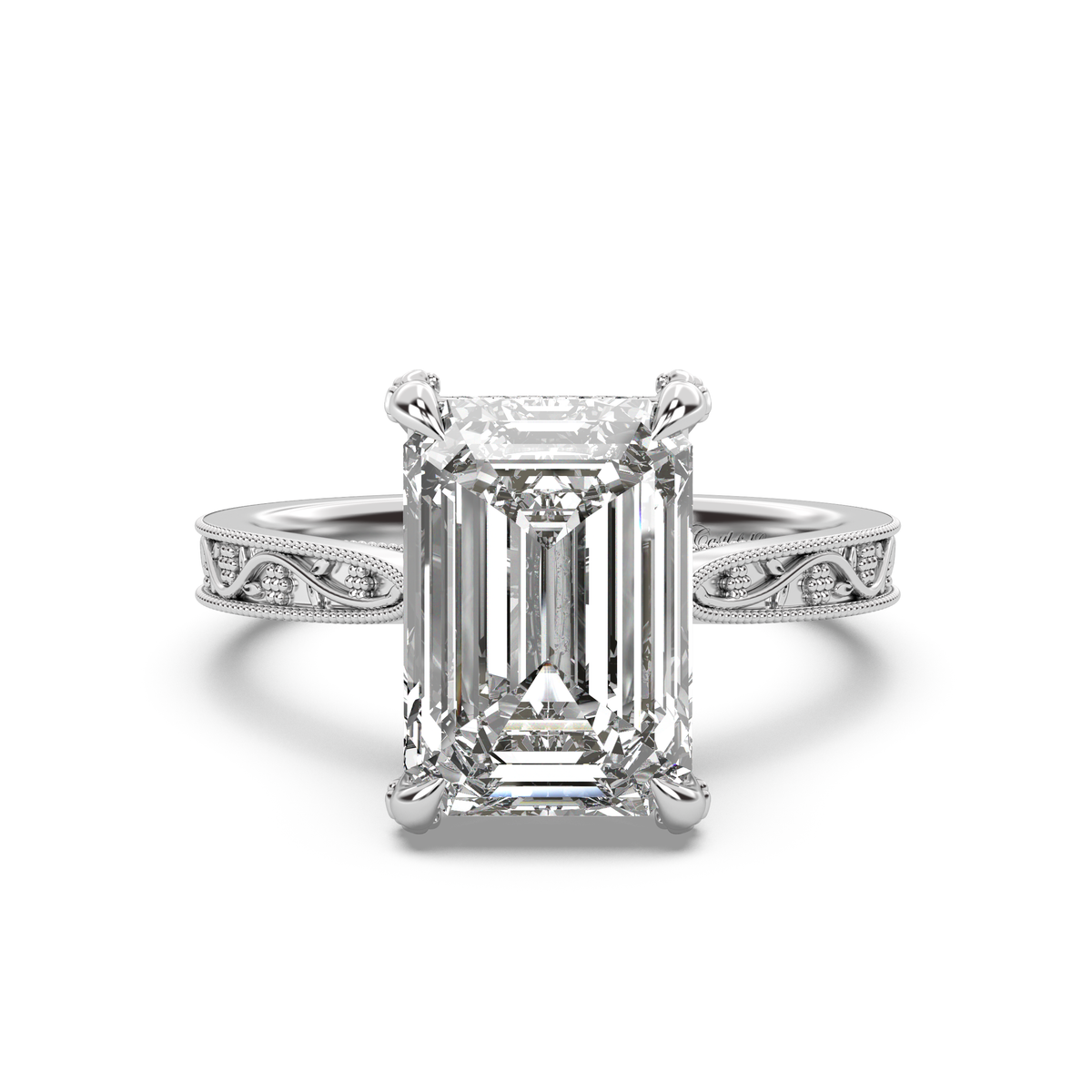 Floral Engraved Hidden Halo Diamond Engagement Ring Setting