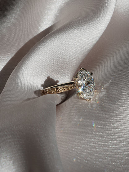 Floral Engraved Hidden Halo Moissanite Engagement Ring