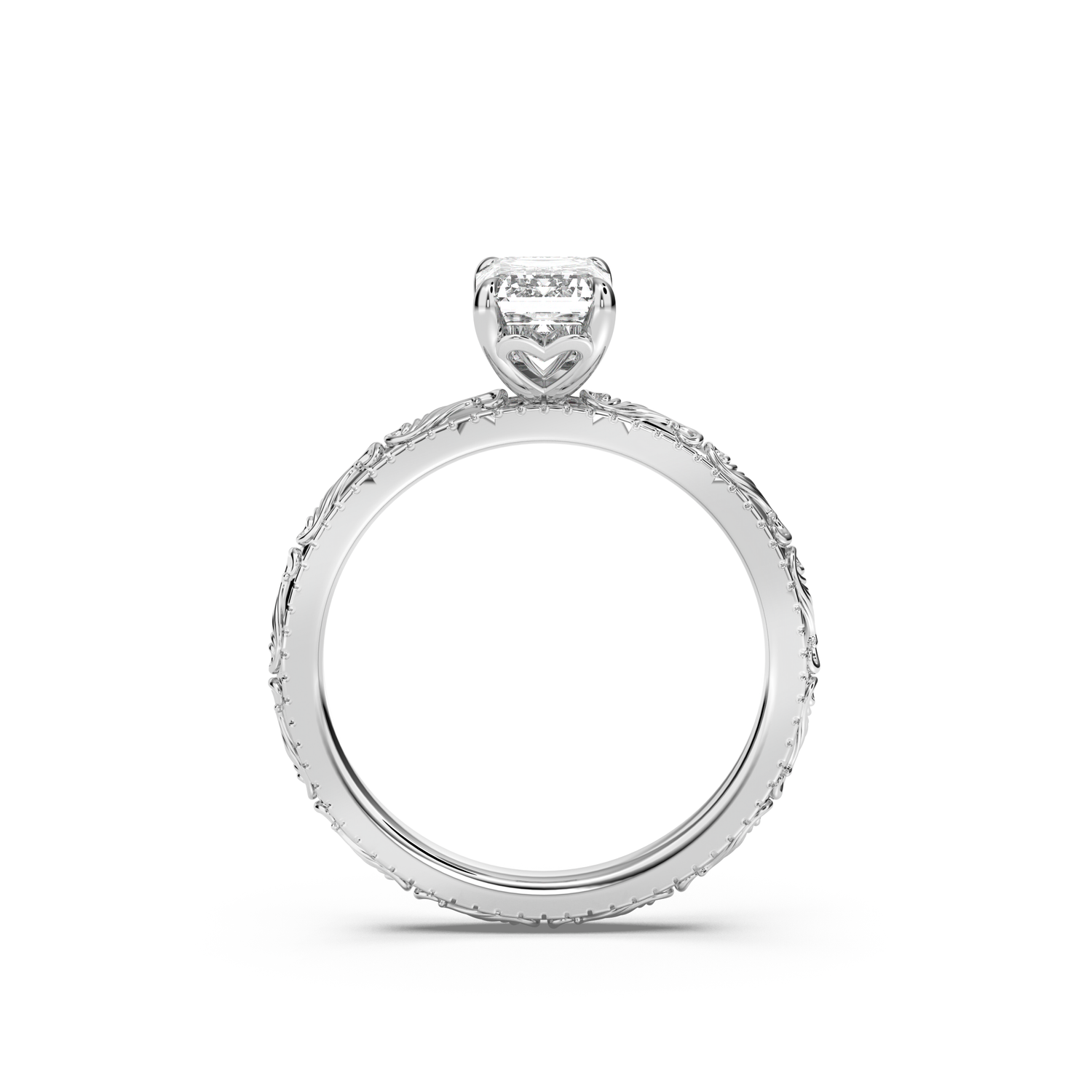 Scroll Engraved Hidden Heart Moissanite Engagement Ring