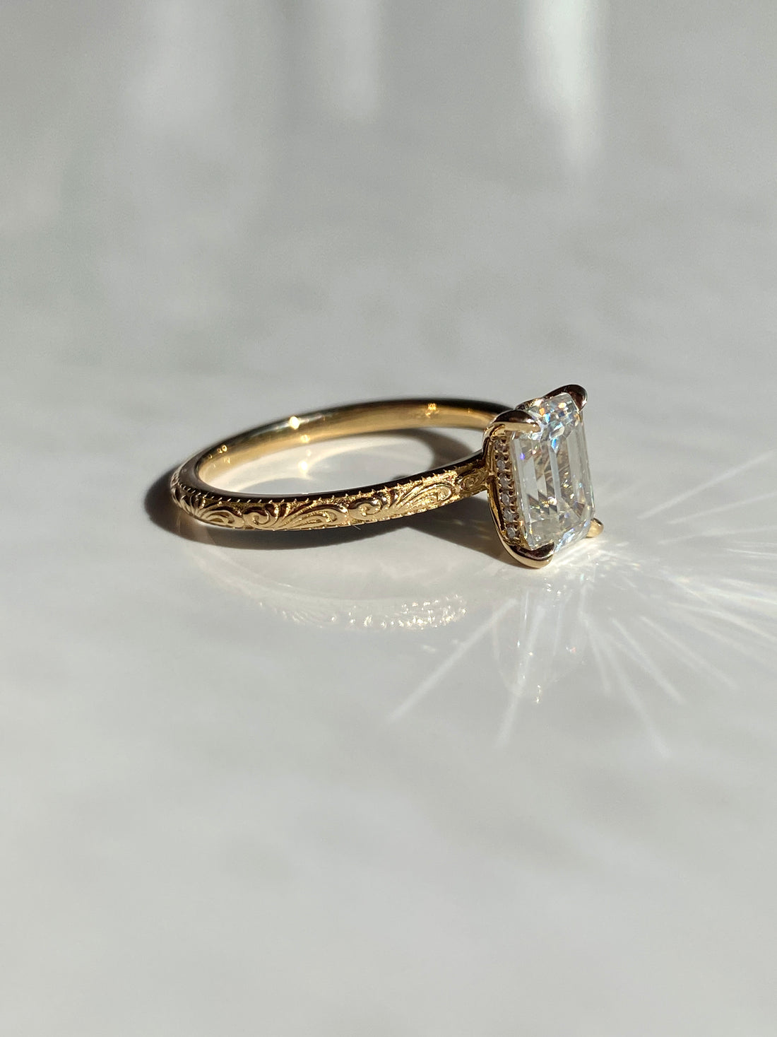 Scroll Engraved Hidden Halo Diamond Engagement Ring Setting