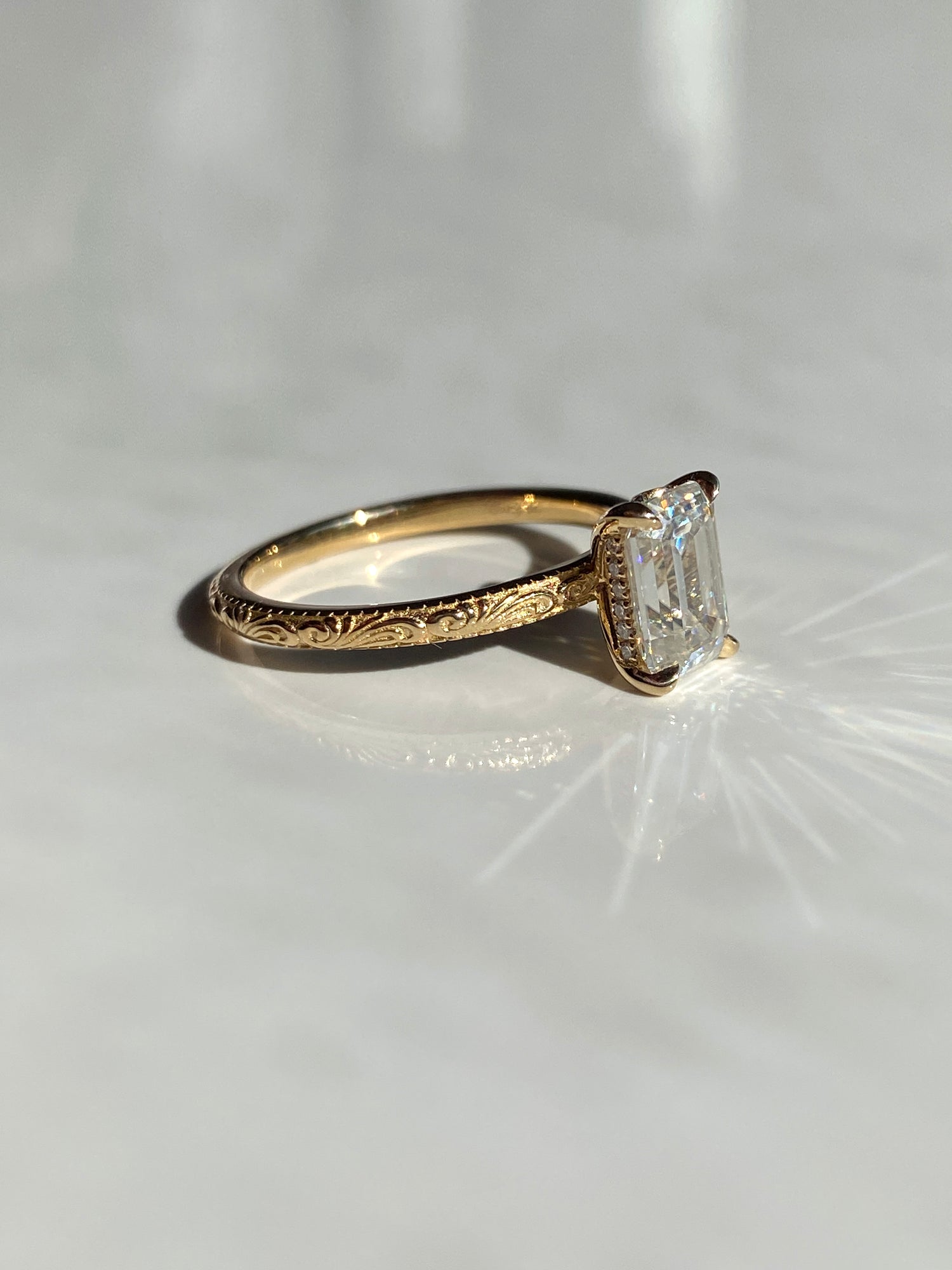 Scroll Engraved Hidden Heart Moissanite Engagement Ring