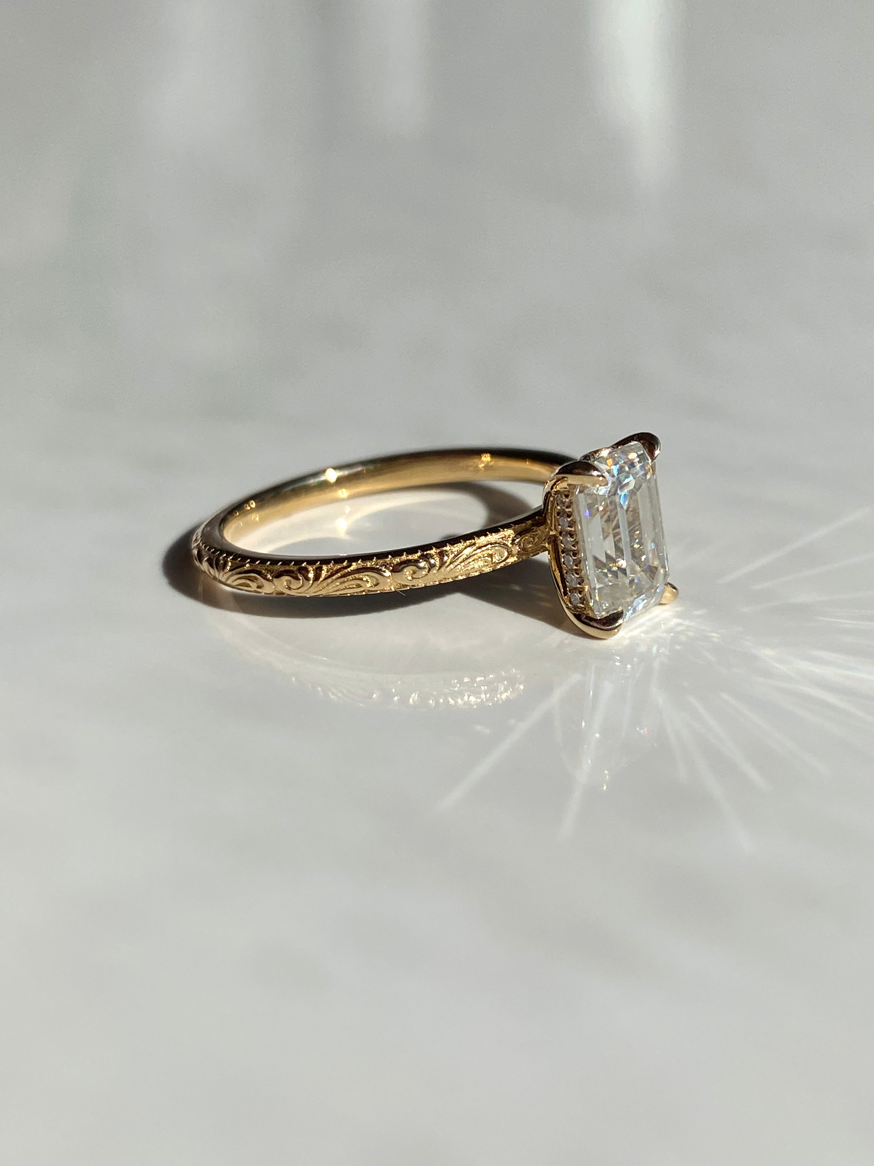 Scroll Engraved Hidden Heart Moissanite Engagement Ring
