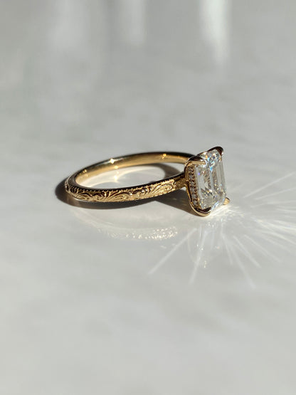 Scroll Engraved Hidden Heart Moissanite Engagement Ring