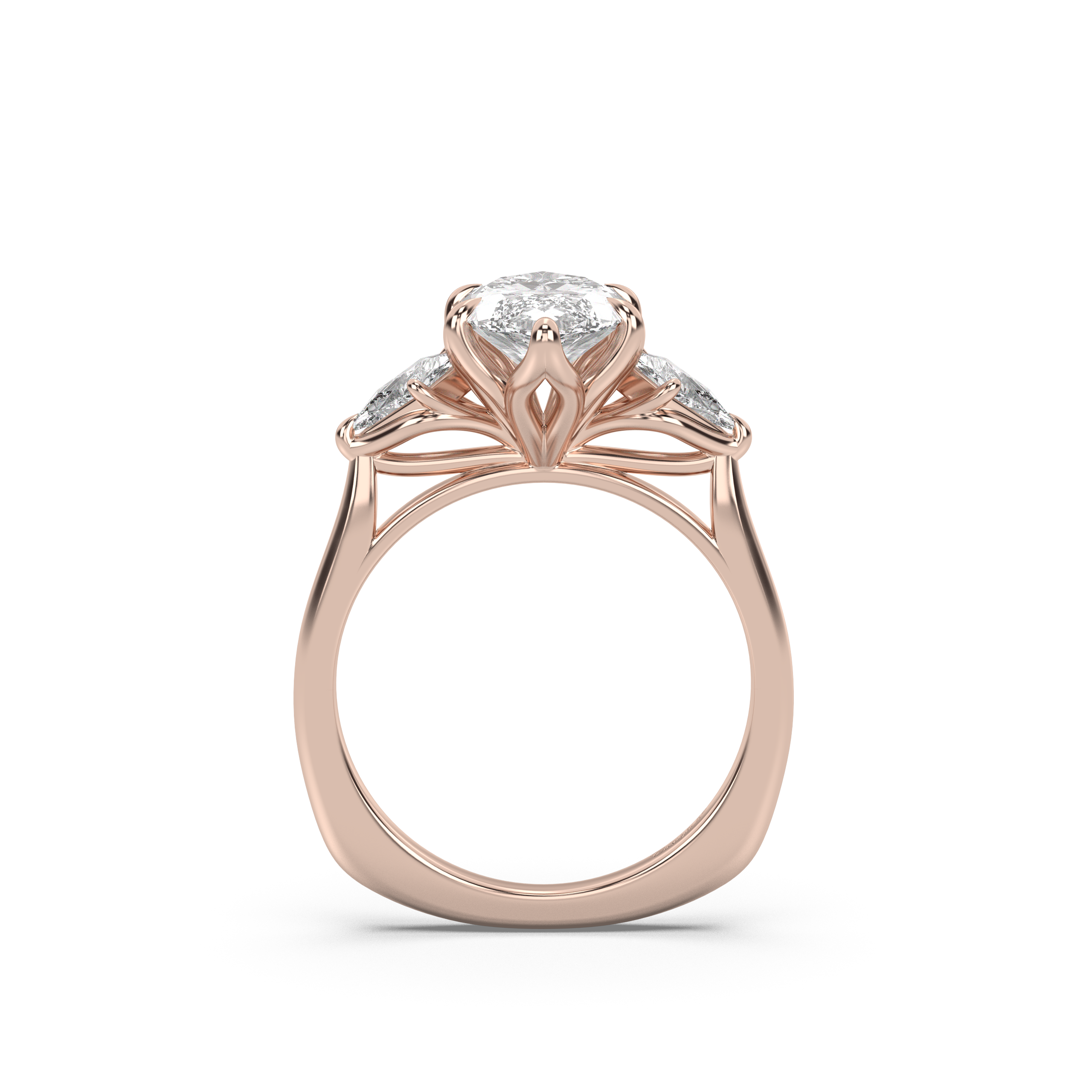 Three Stone Petal Engagement Ring - Kite Side Stones