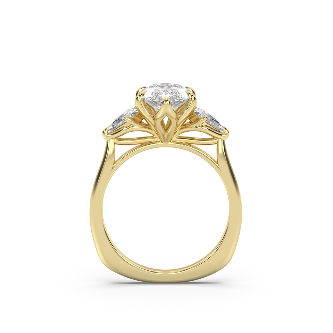 Three Stone Petal Diamond Ring - Pear Side Stones