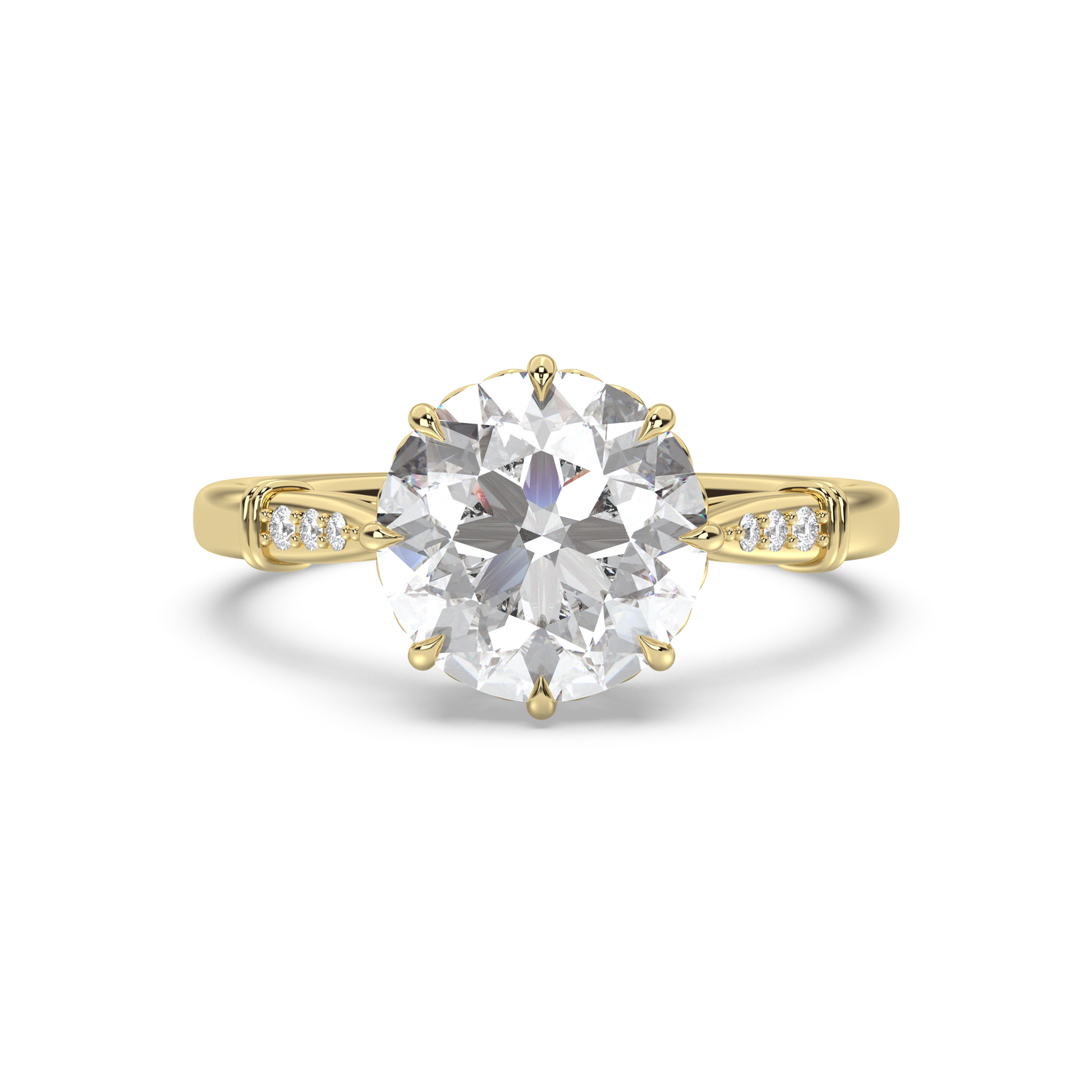 An antique style yellow gold engagement ring with antique round diamond and tiny heart details