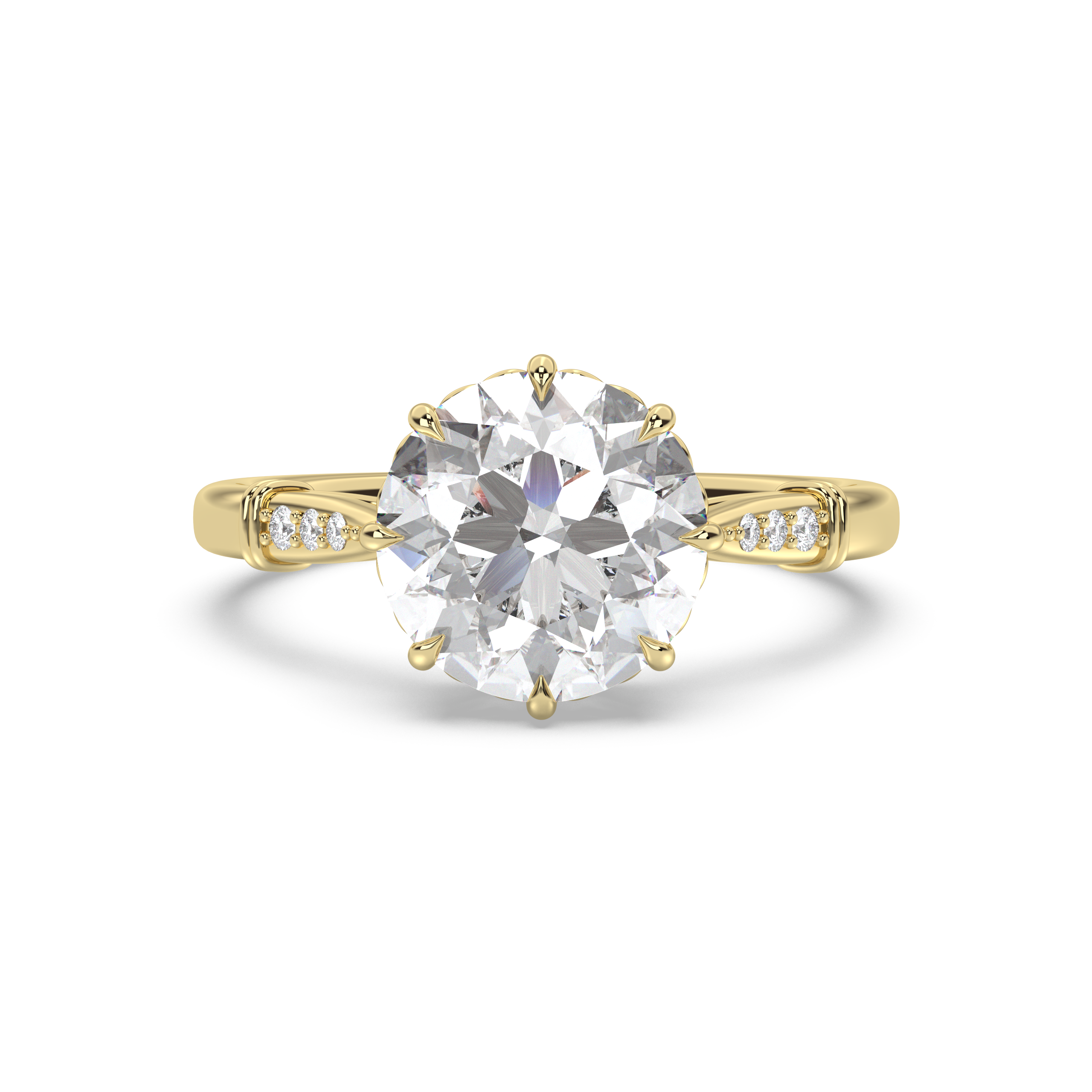 An antique style yellow gold engagement ring with antique round diamond and tiny heart details