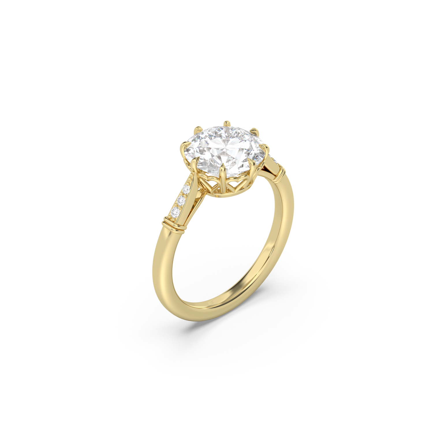 Side view of an antique style yellow gold engagement ring with tiny heart details