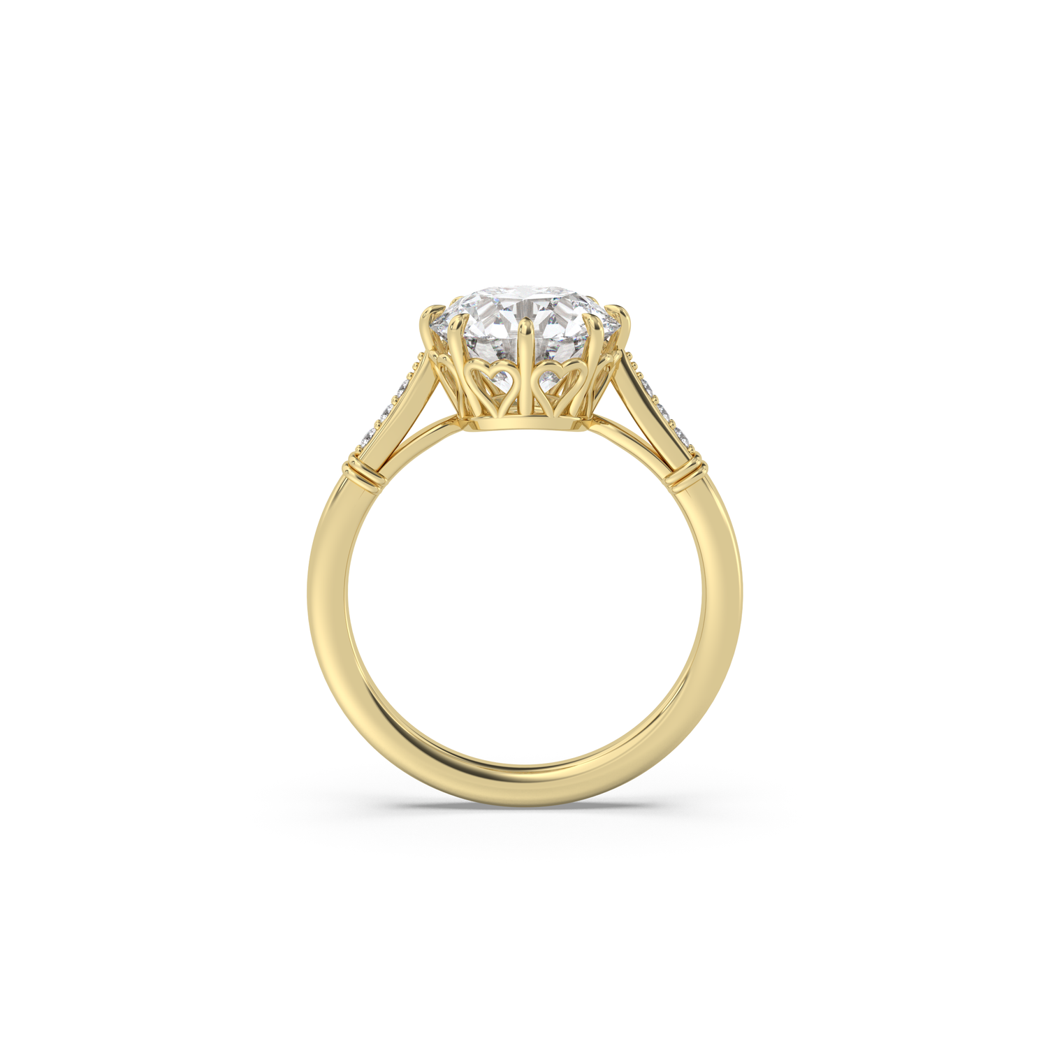 Side view of an antique style yellow gold engagement ring with tiny heart details