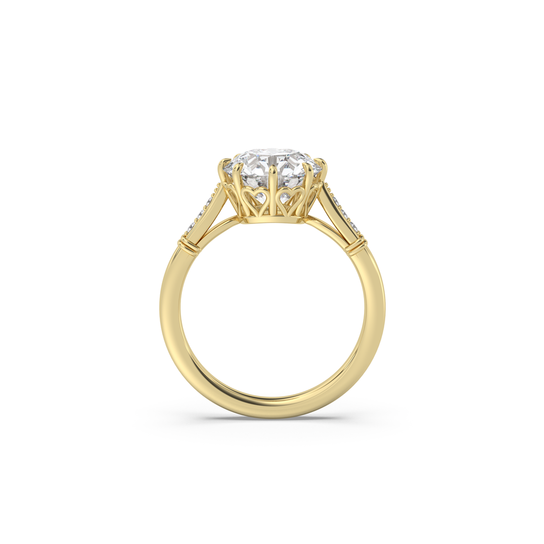 Side view of an antique style yellow gold engagement ring with tiny heart details