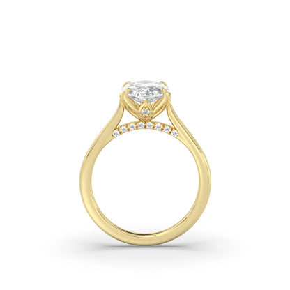 Yellow gold tulip or lotus petal engagement ring with lab diamond pave bridge and one lab diamond in the middle petal