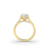 Yellow gold tulip or lotus petal engagement ring with lab diamond pave bridge and one lab diamond in the middle petal