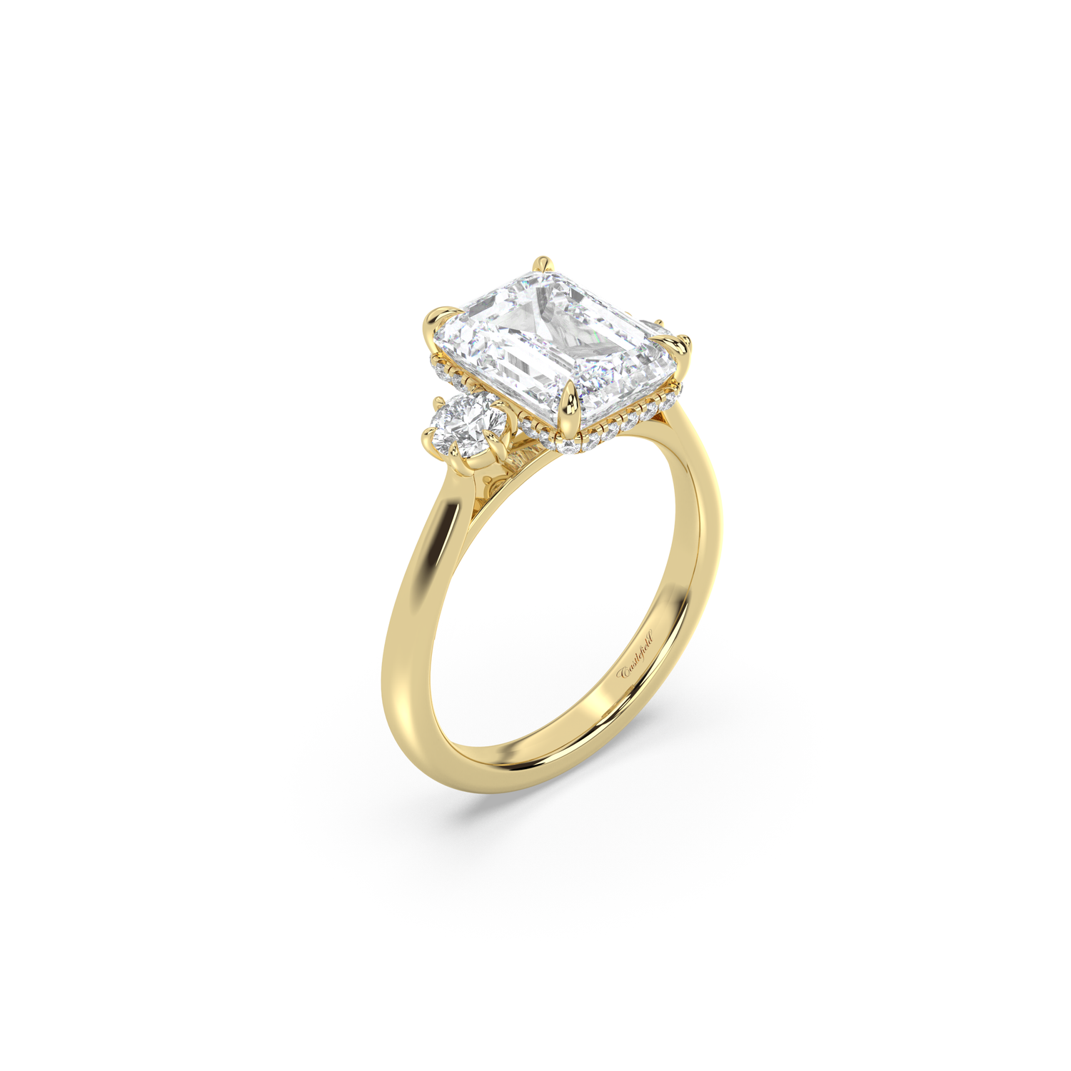 Floating Cathedral Three Stone Hidden Halo Diamond Ring