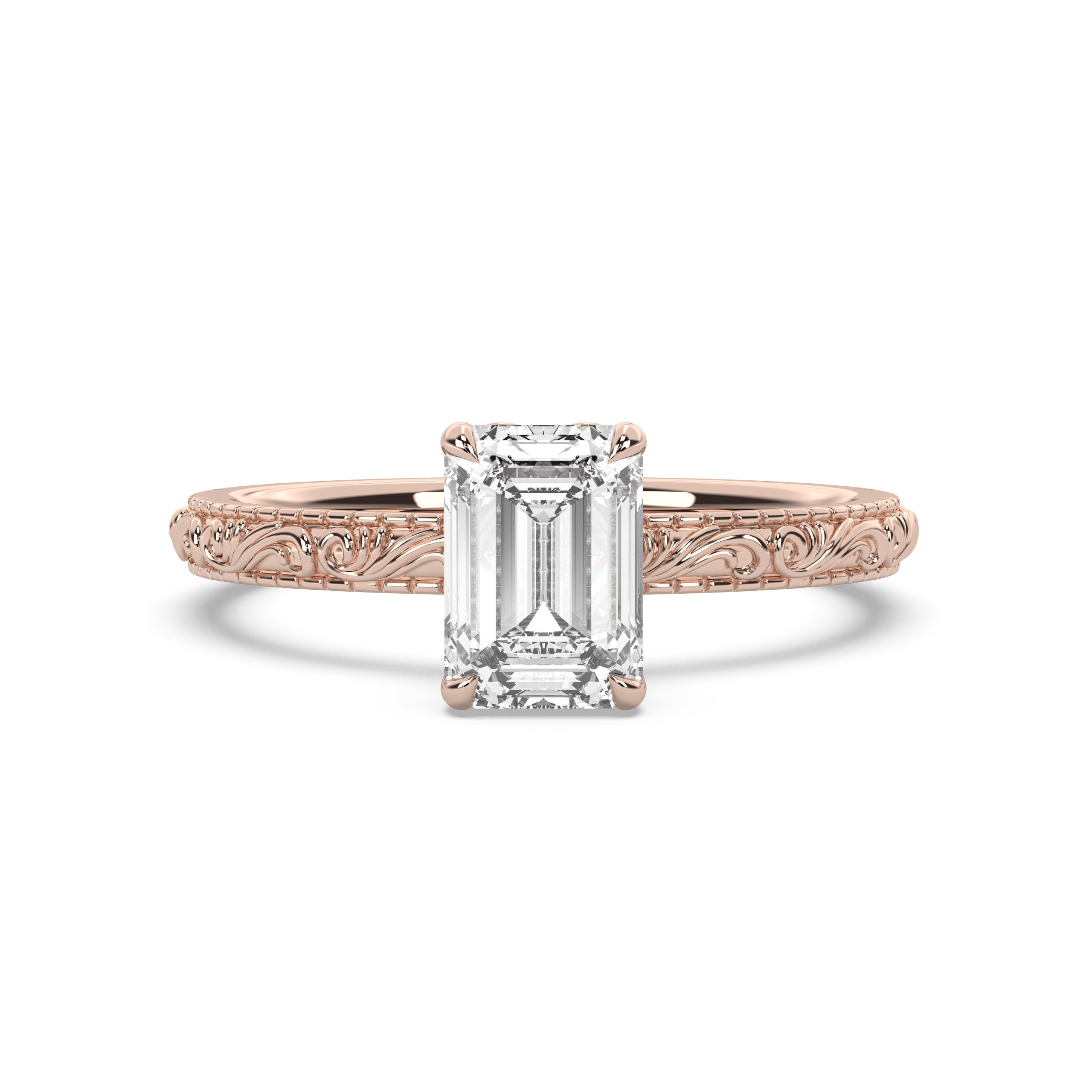 Rose gold engraved engagement ring with emerald diamond