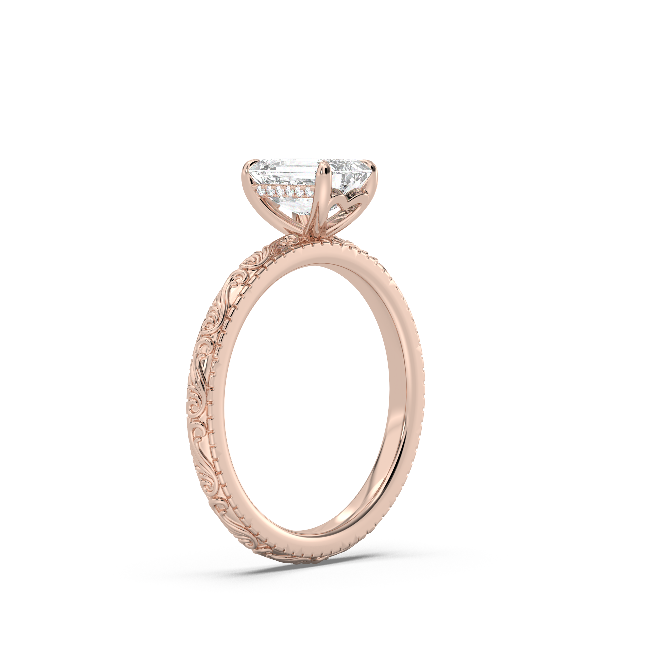 Scroll Engraved Hidden Heart Diamond Engagement Ring