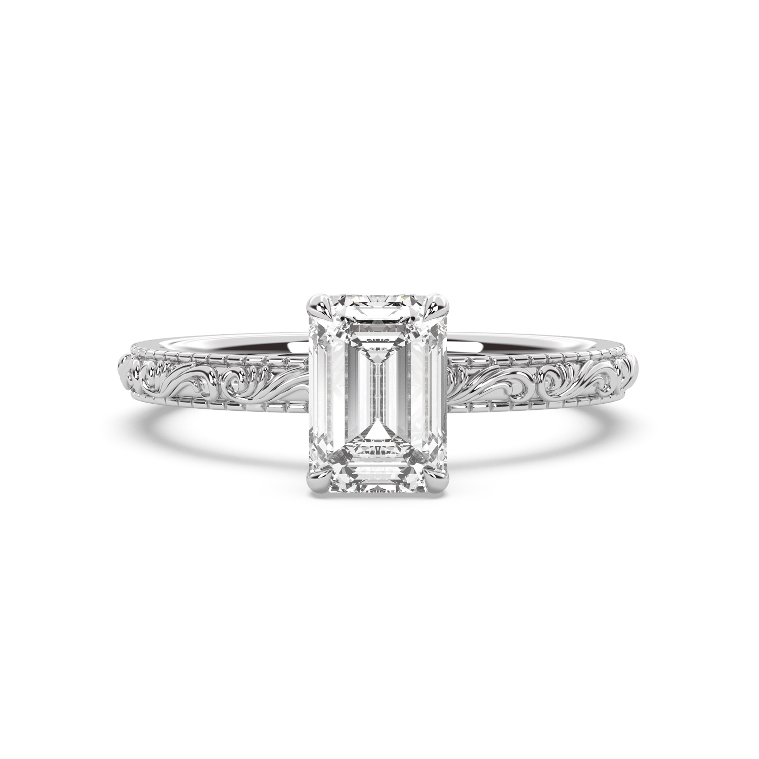 White gold engraved engagement ring with emerald diamond