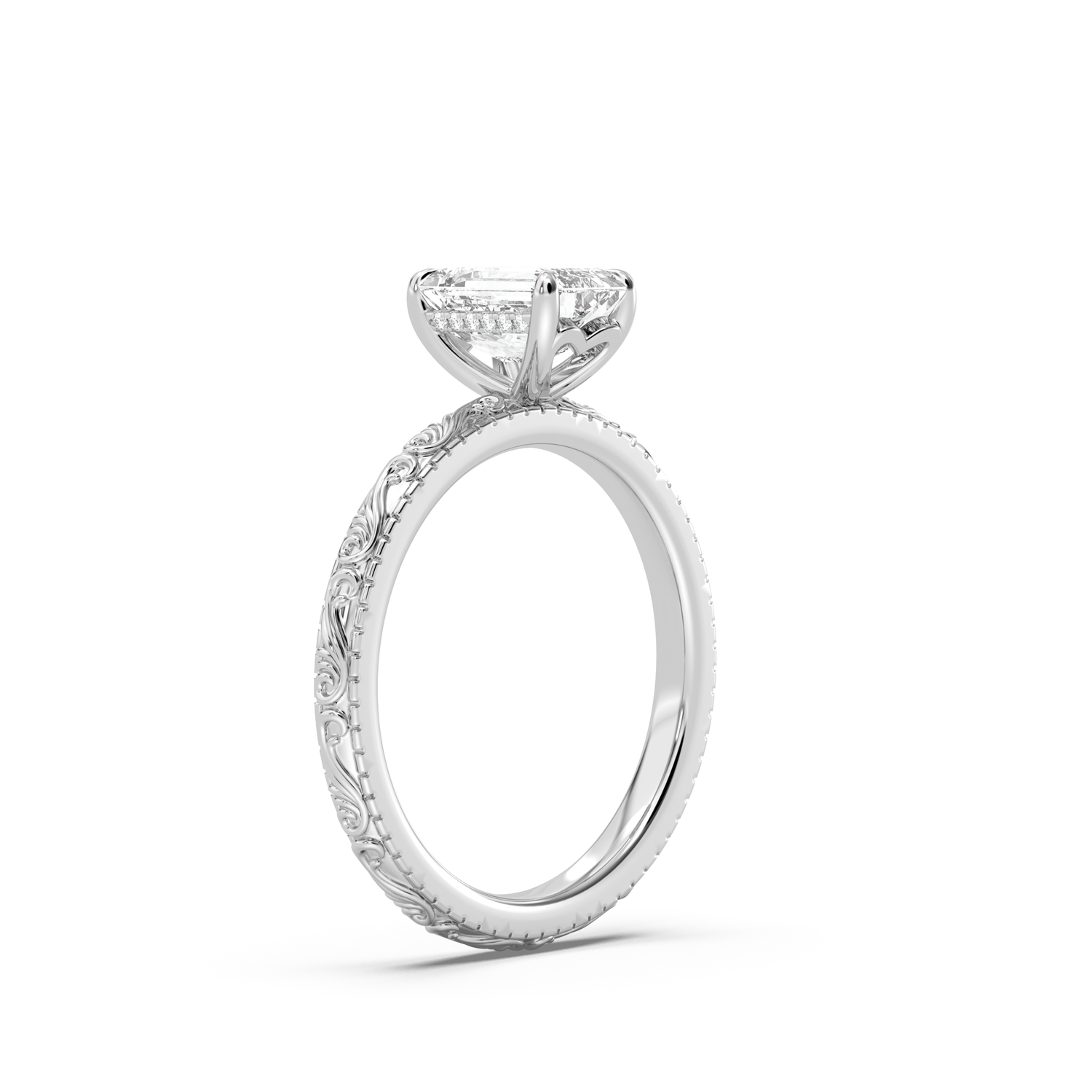 Scroll Engraved Hidden Heart Diamond Engagement Ring