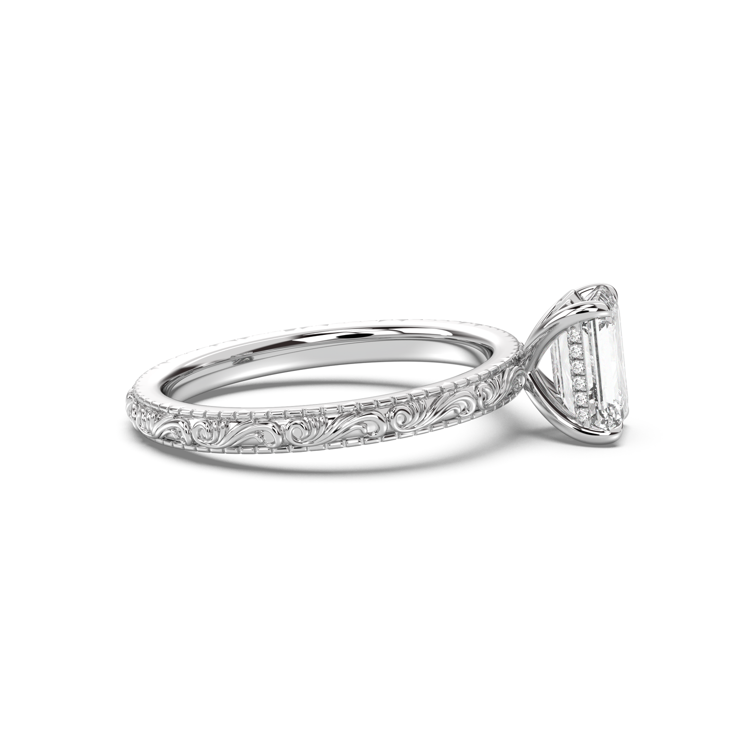 Scroll Engraved Hidden Heart Diamond Engagement Ring