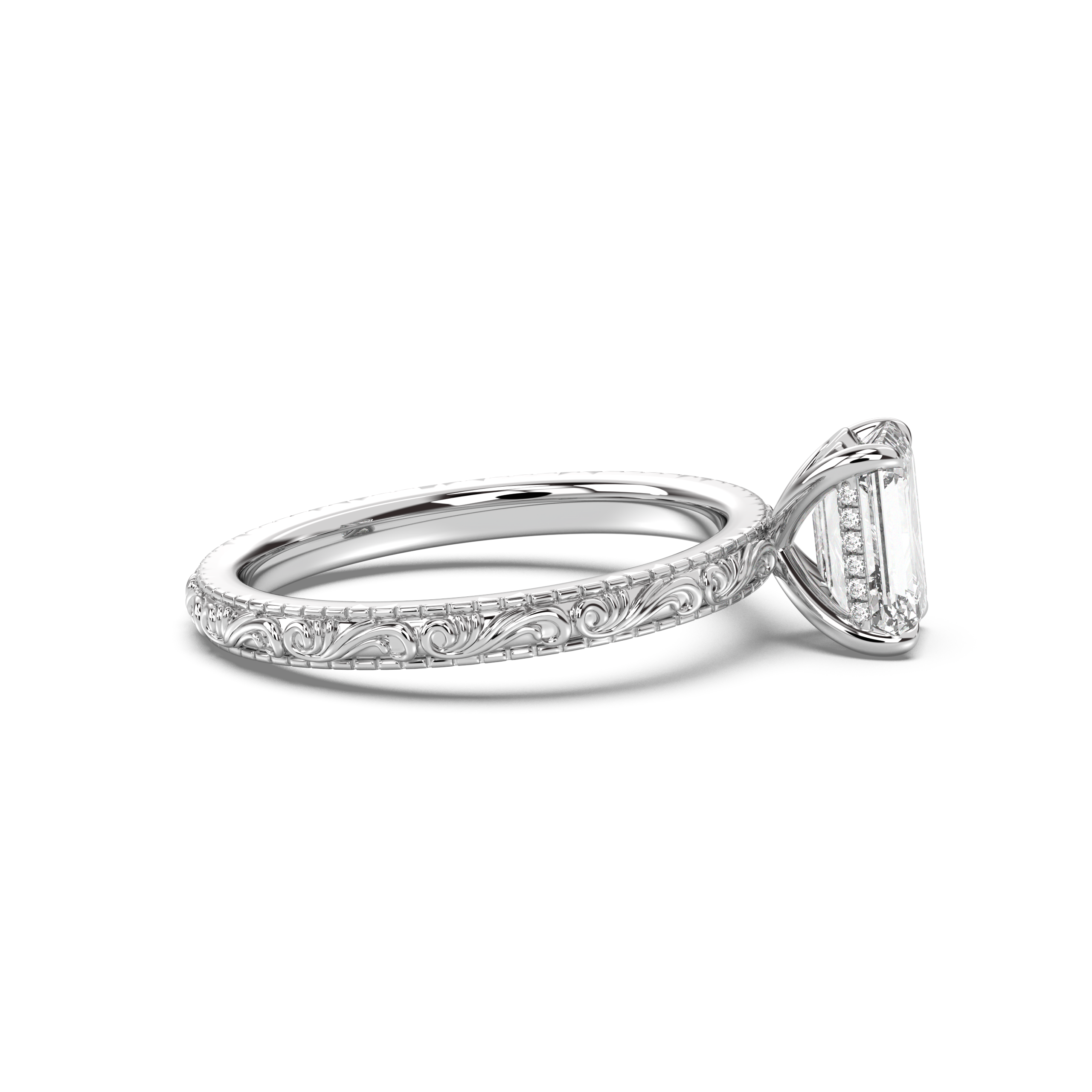 Scroll Engraved Hidden Heart Diamond Engagement Ring