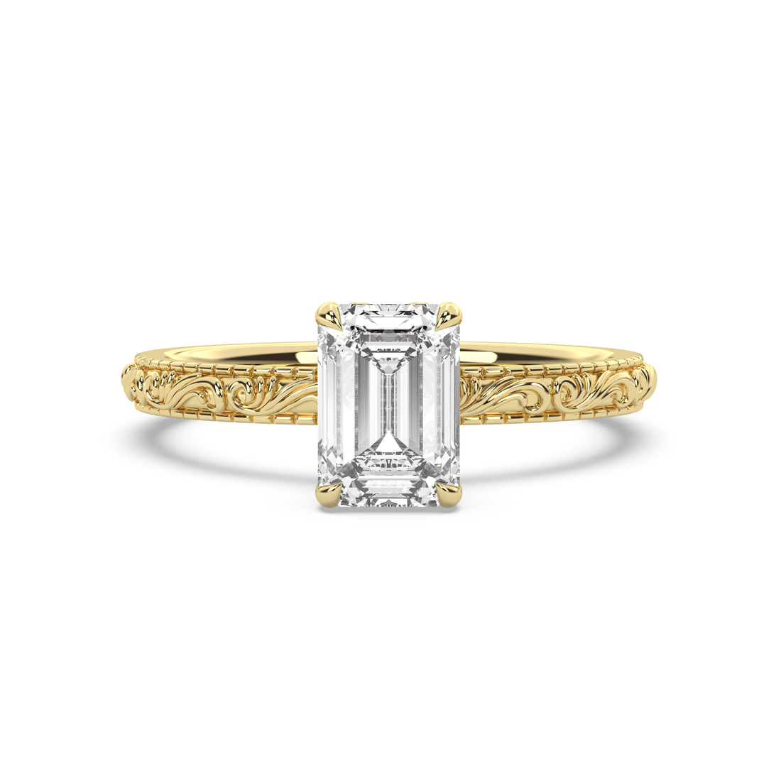 Engraved gold ring with emerald-cut diamond on a white background
