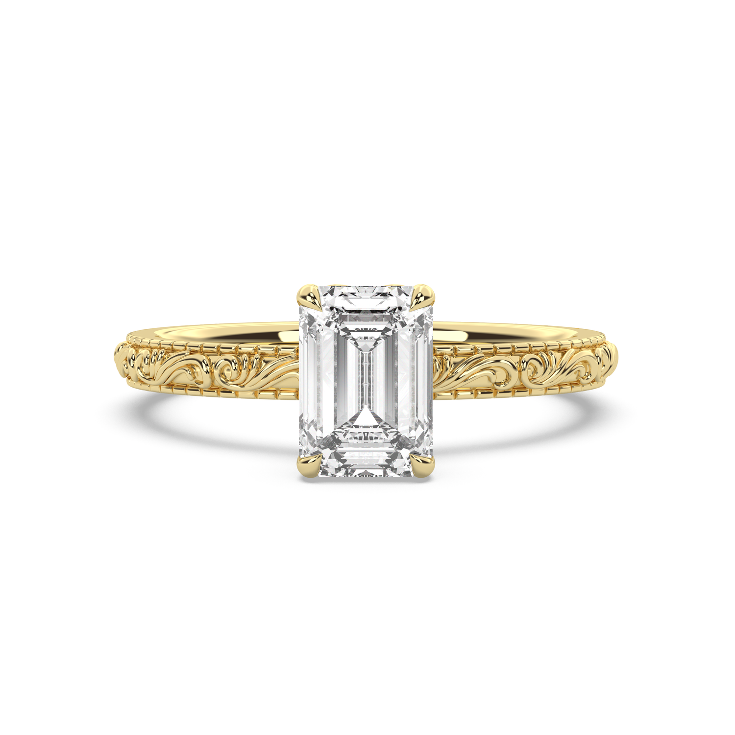 Engraved gold ring with emerald-cut diamond on a white background