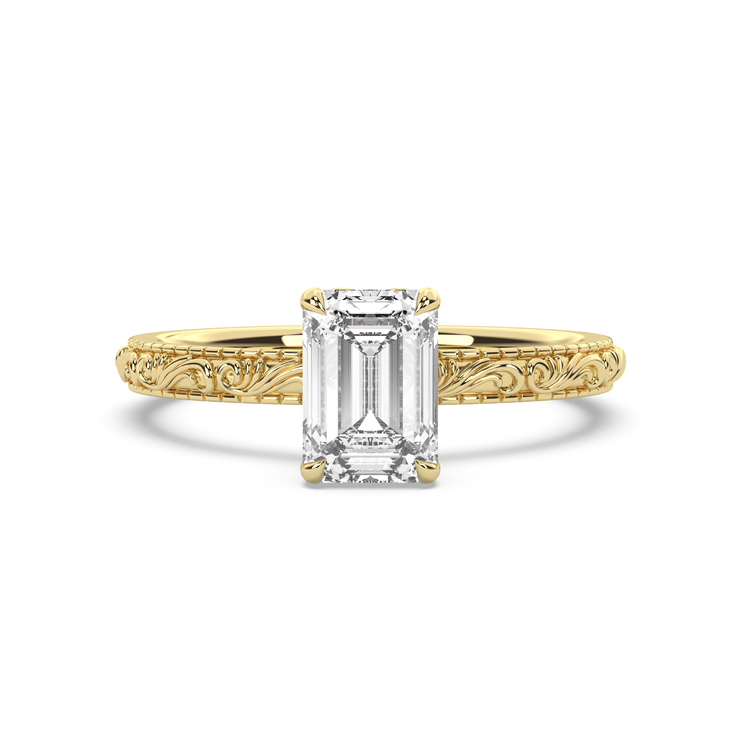Engraved gold ring with emerald-cut diamond on a white background