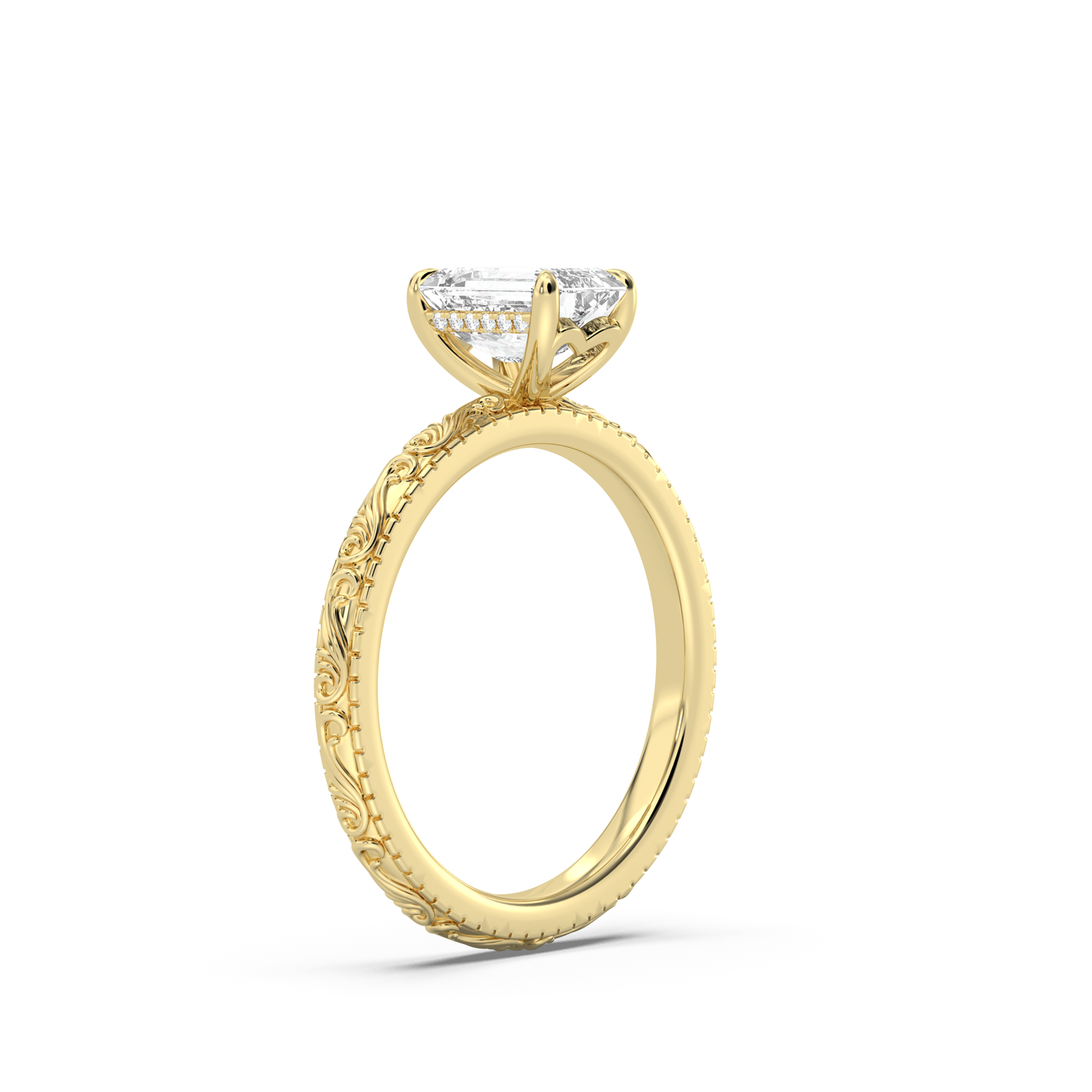 Scroll Engraved Hidden Heart Diamond Engagement Ring