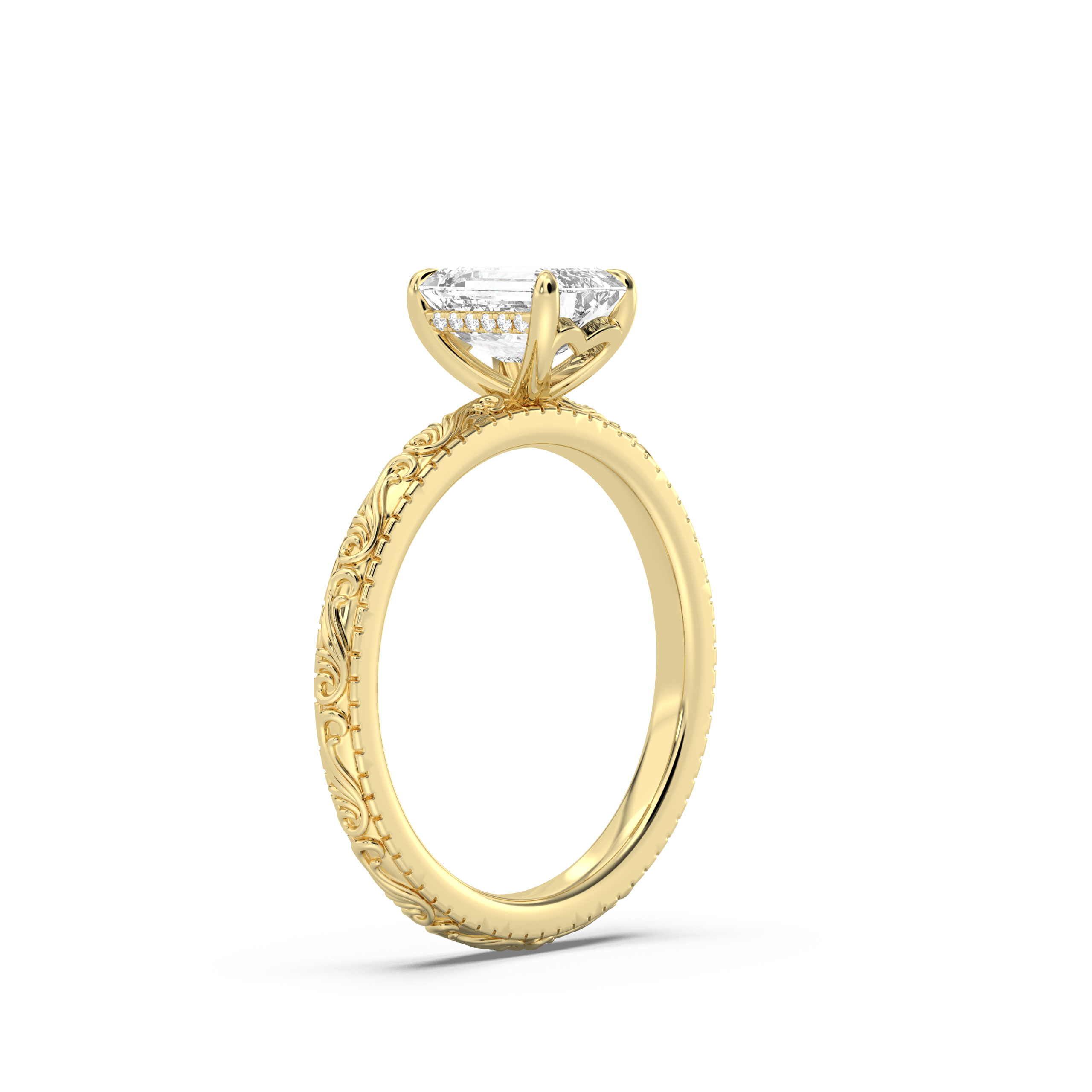 Scroll Engraved Hidden Heart Diamond Engagement Ring