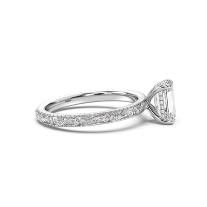 Scroll Engraved Hidden Halo Diamond Engagement Ring