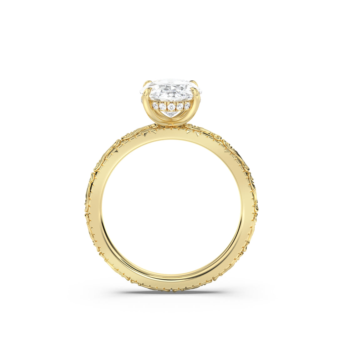 Scroll Engraved Hidden Halo Diamond Engagement Ring